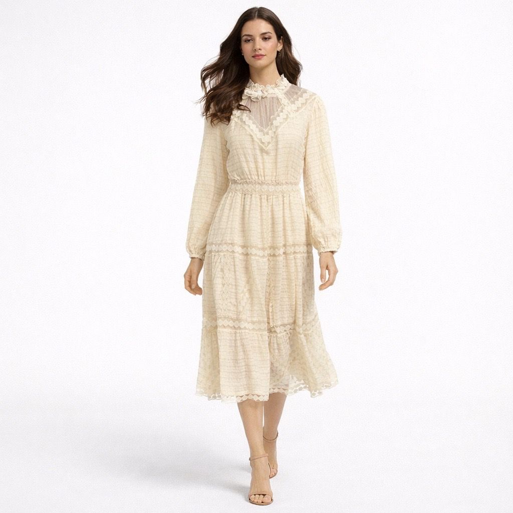 Buttercream Lace High Neck Midi Dress