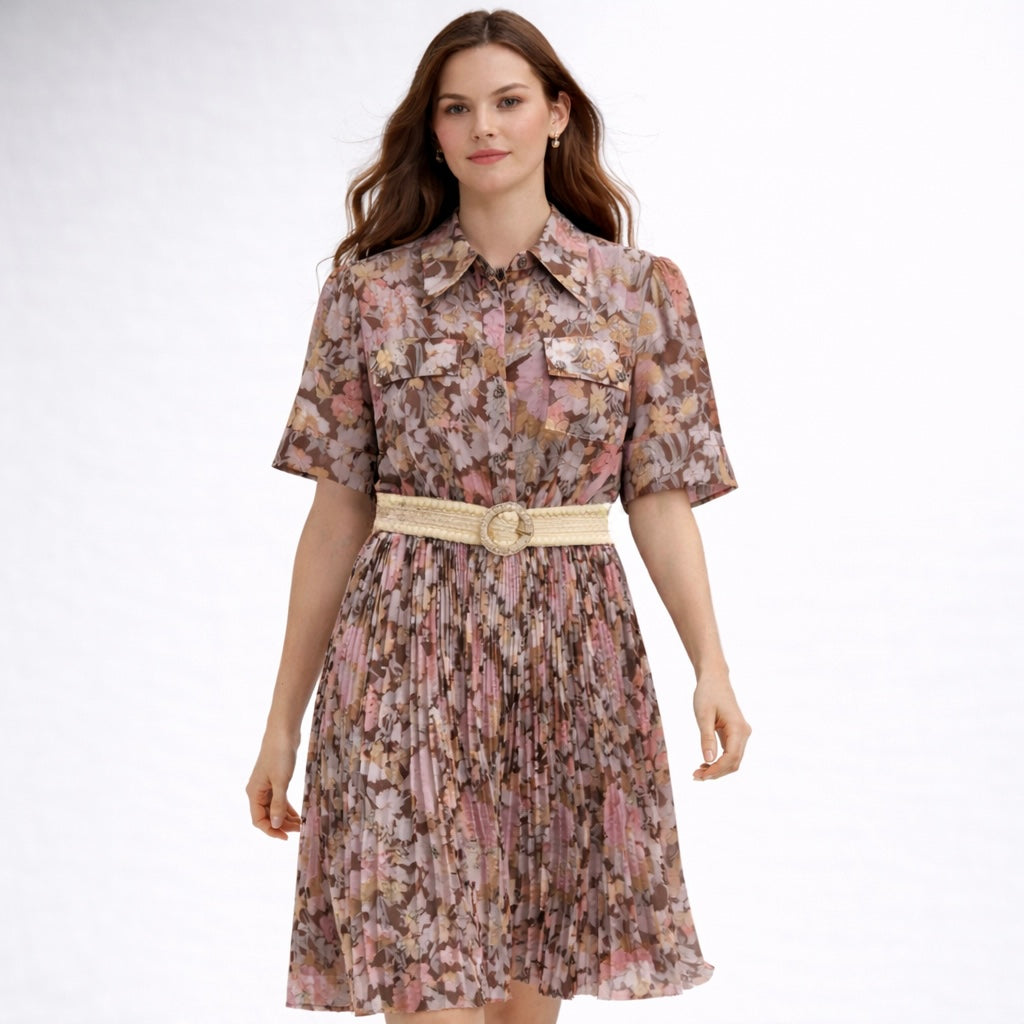 Short Sleeve Shirt BodicePleated Dress
