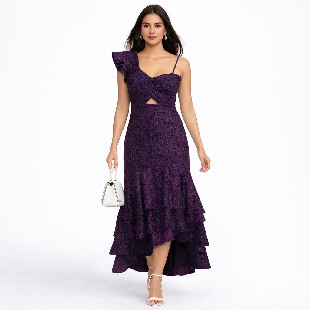 Purple shimmer hi low inclined shoulder dress