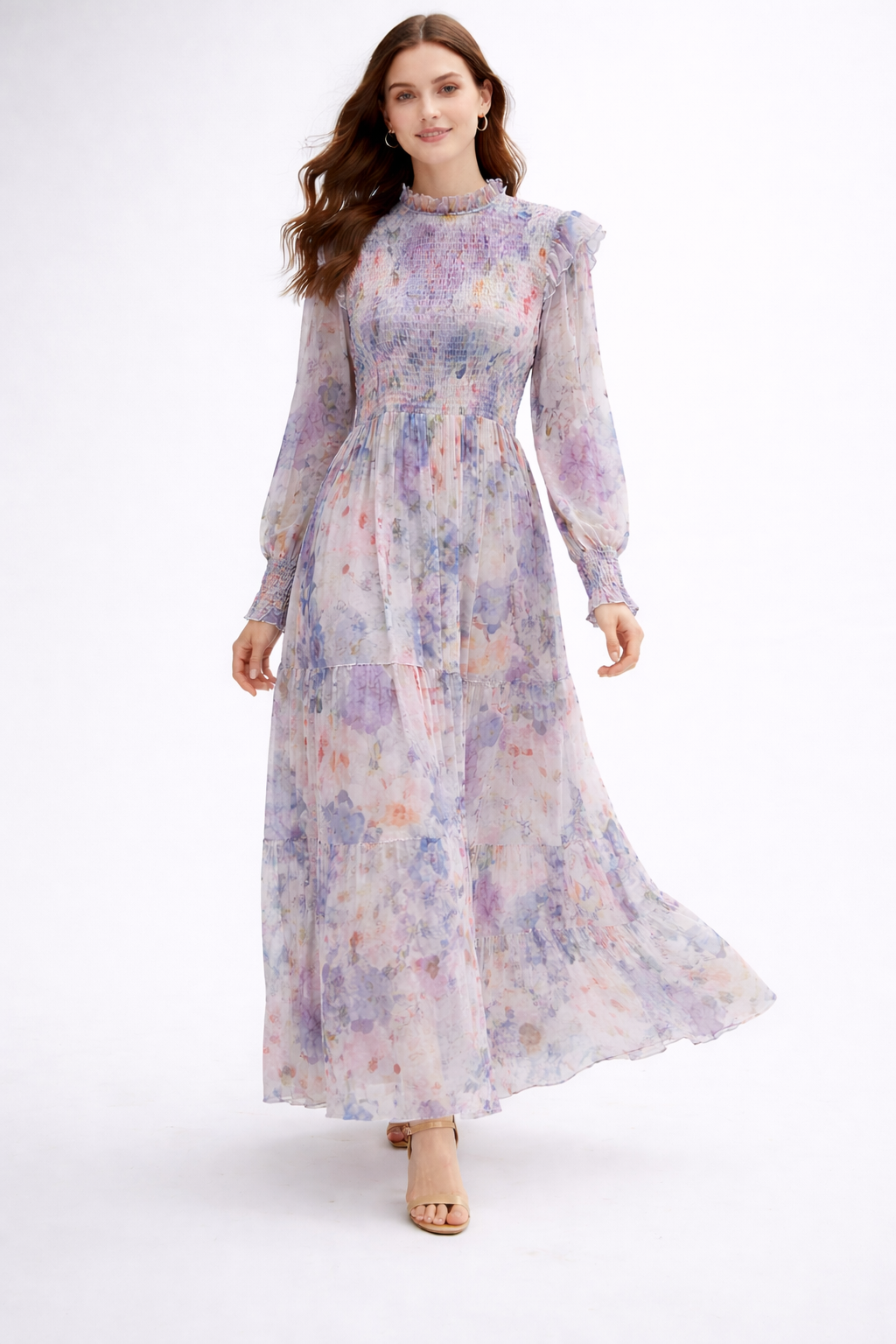 Smocked Ruffle Long Sleeve Maxi Dress