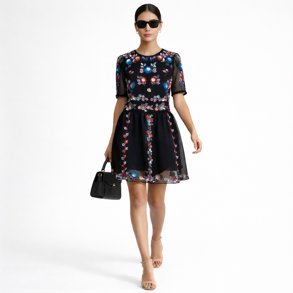 Black hand embroidered short dress