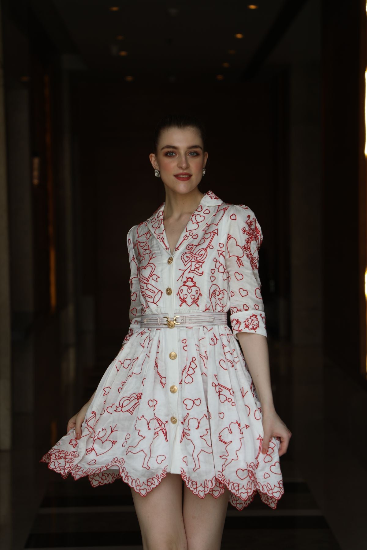 Red on White  Cupid Amor Embroidered Mini  Dress