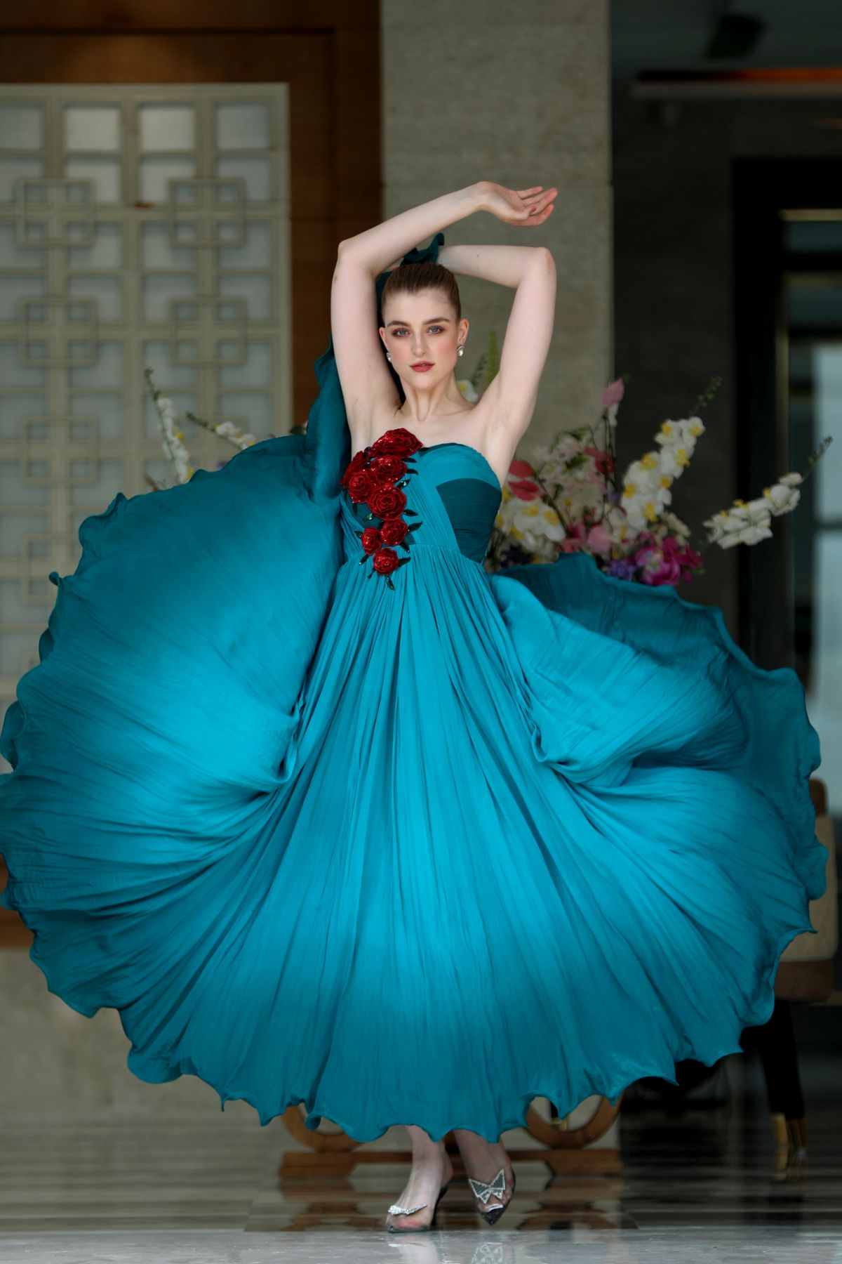 Bustier Embroidered Ombre Gown in Blue & Aqua