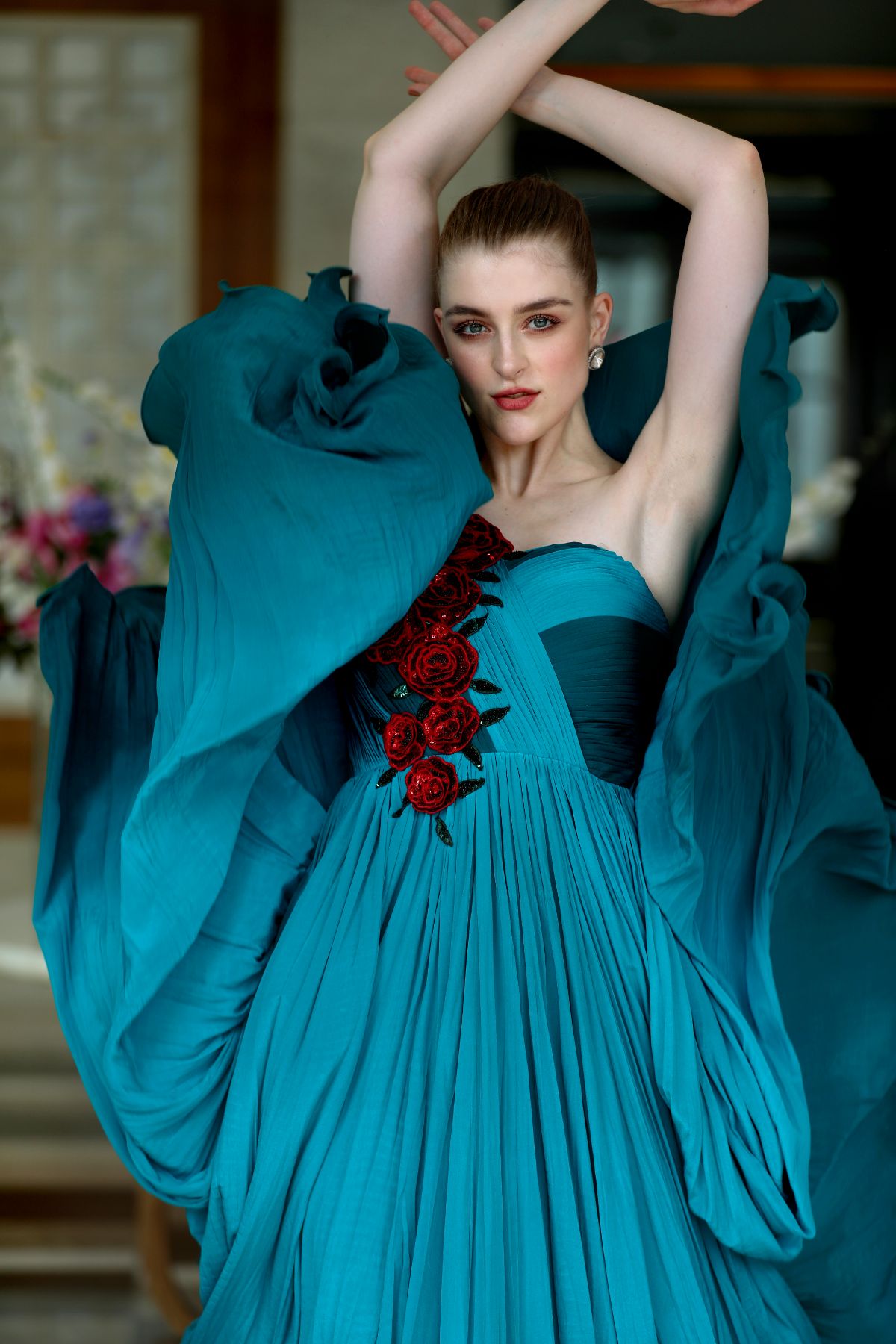 Bustier Embroidered Ombre Gown in Blue & Aqua