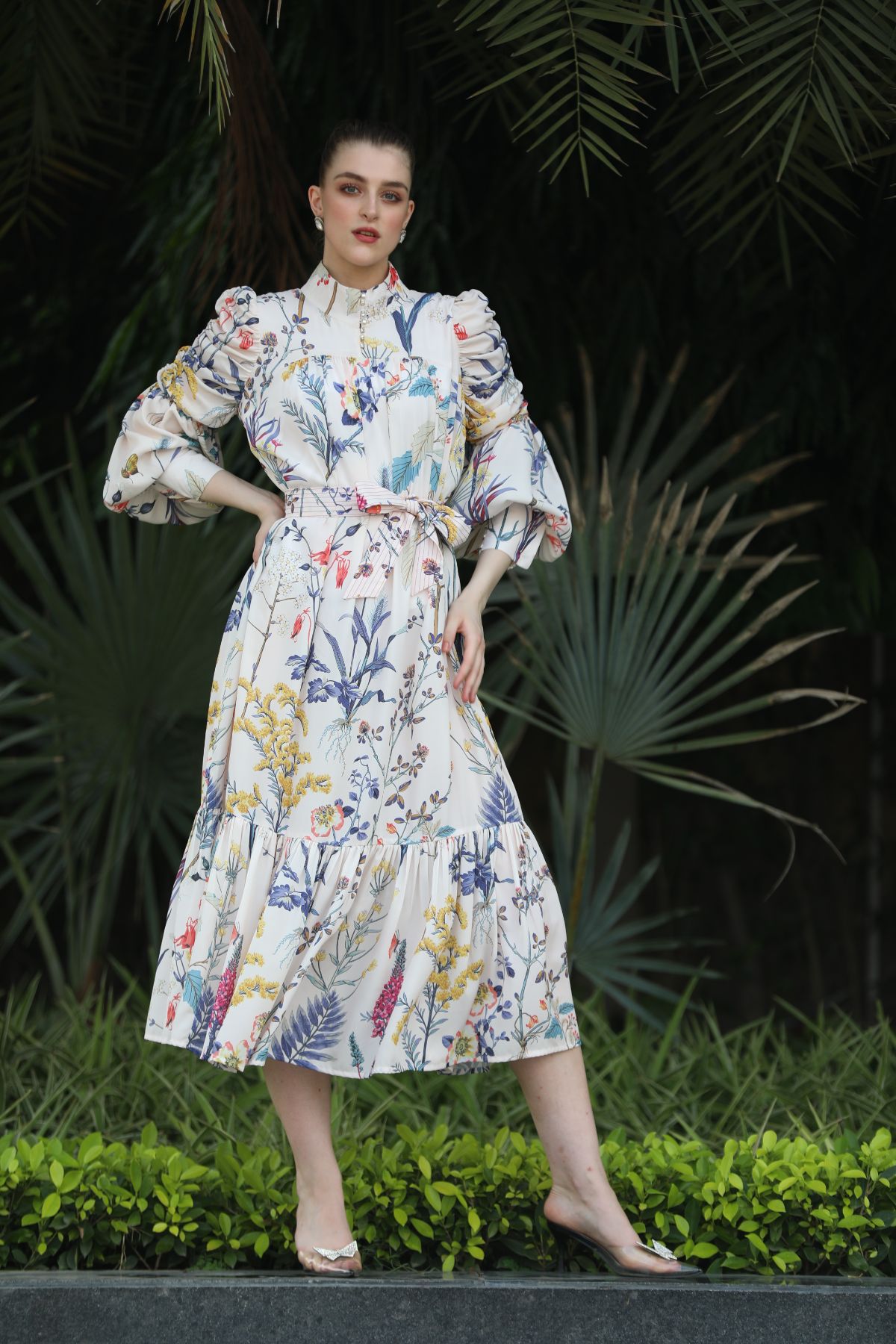 White Floral Ruched Sleeve Midi Dress