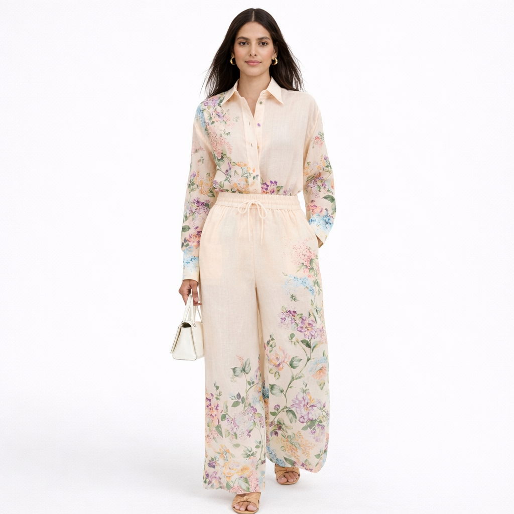 Beige floral co-ord set shirt + pants