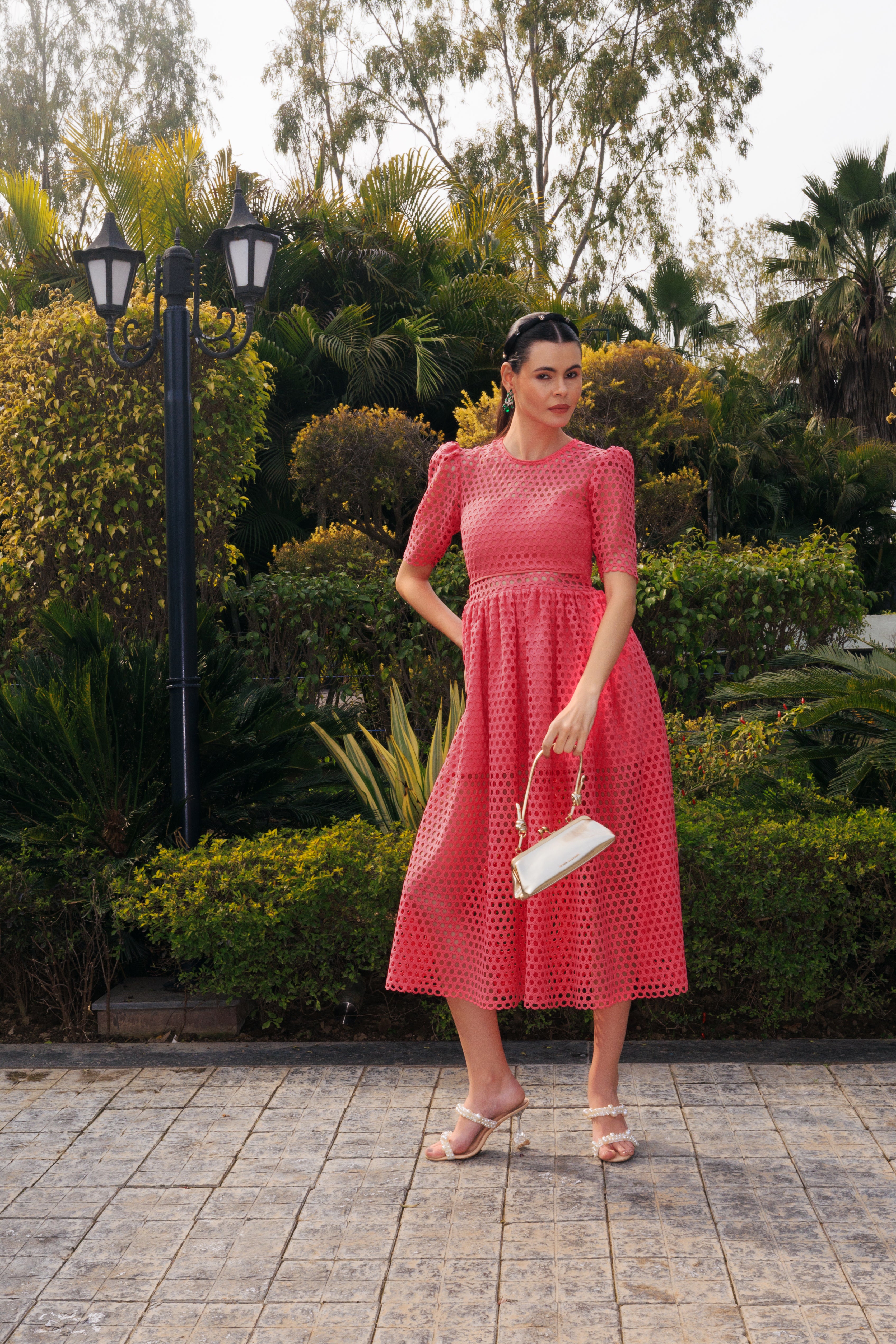 Coral Cutwork Midi Dress
