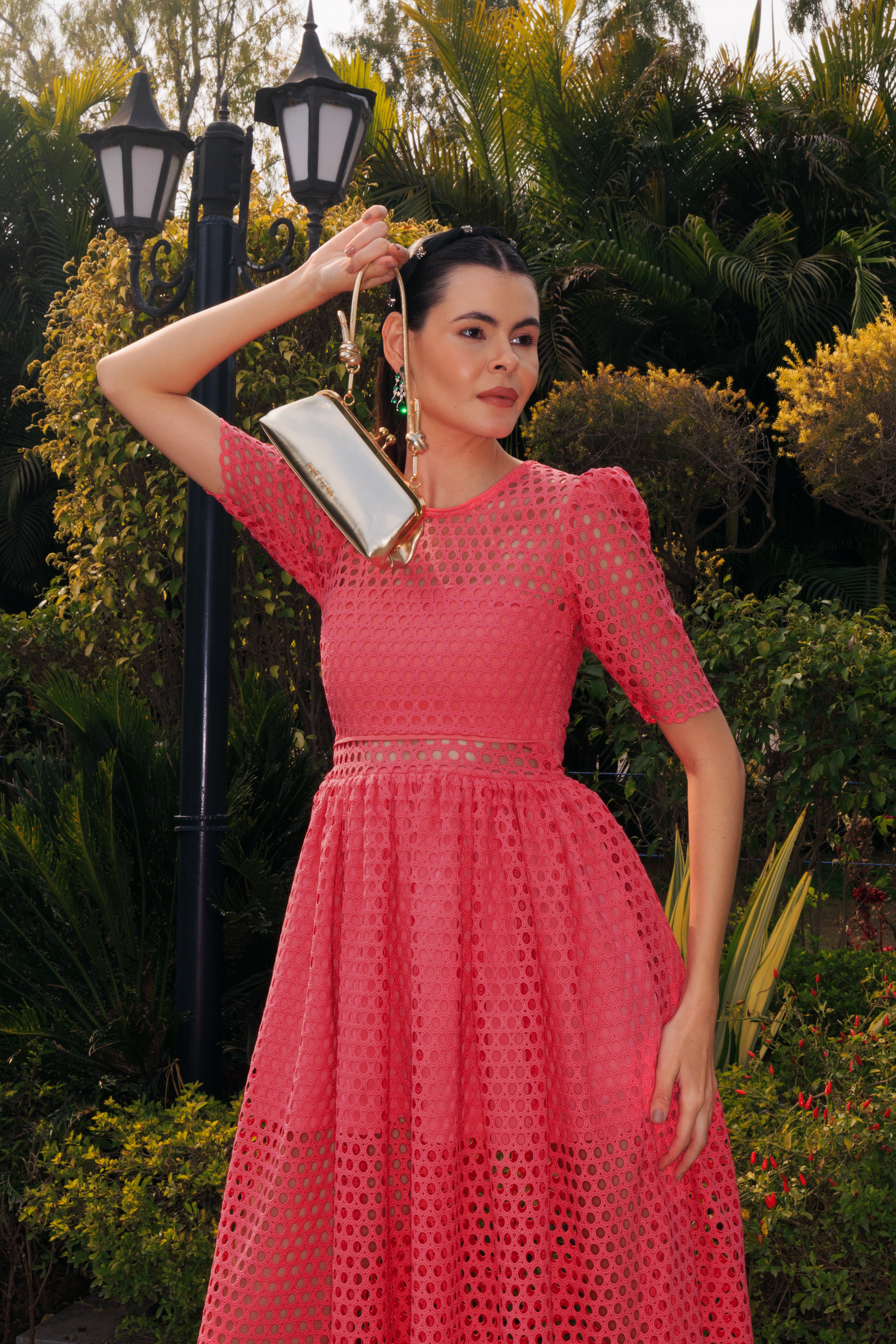 Coral Cutwork Midi Dress