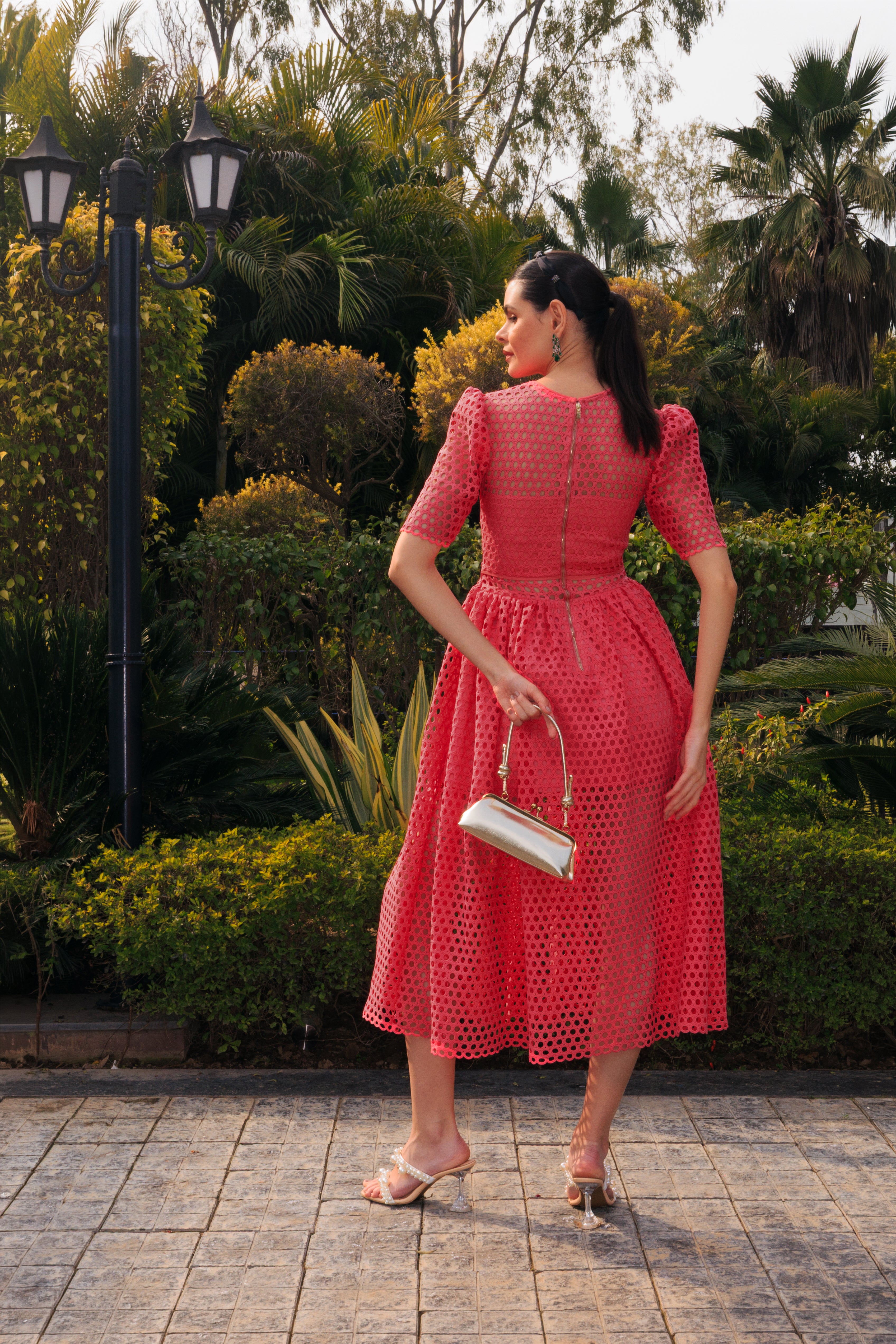 Coral Cutwork Midi Dress