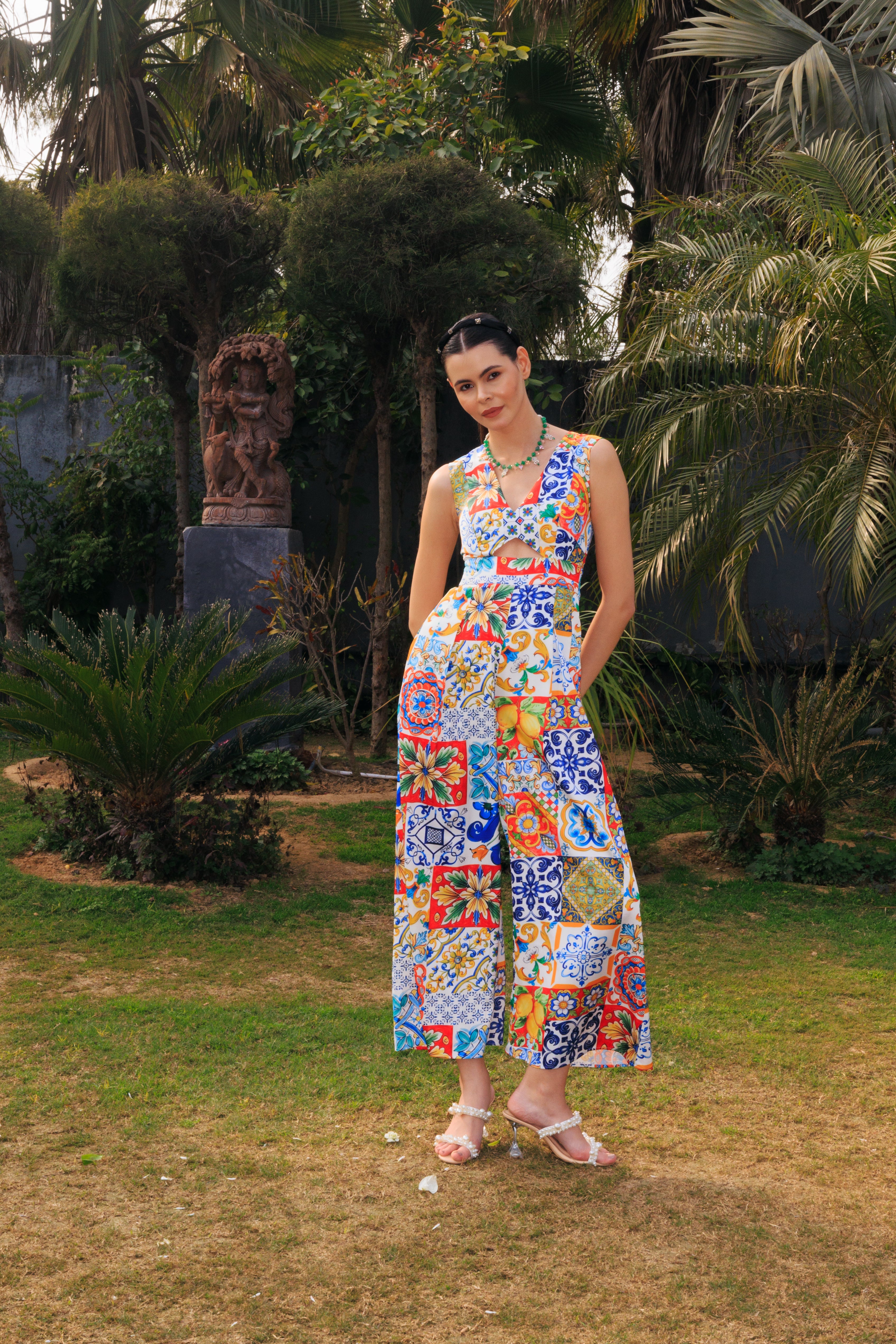 TILE PRINT WIDE-LEG JUMPSUIT