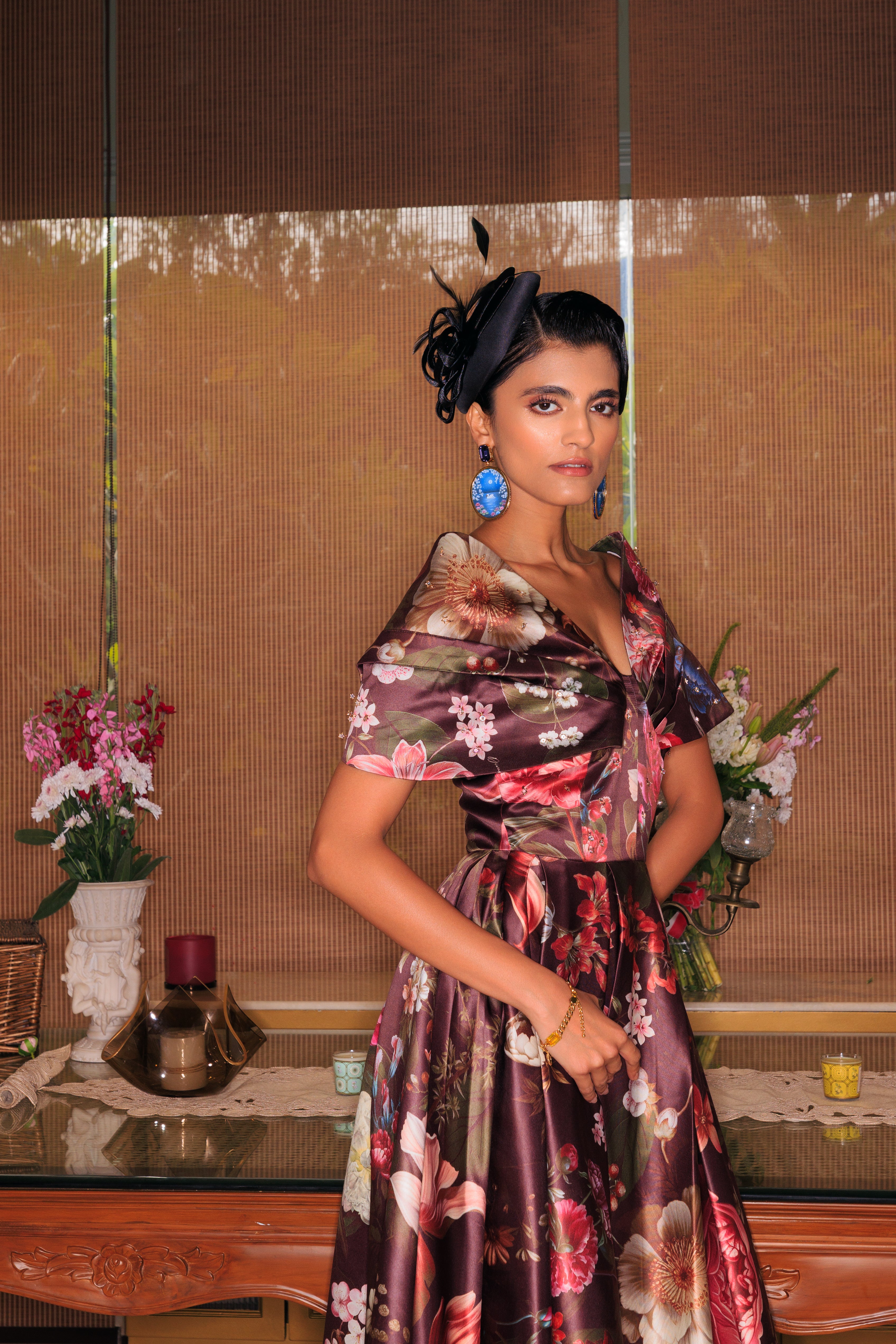 WINE FLORAL OFF-SHOULDER MIDI DRESS