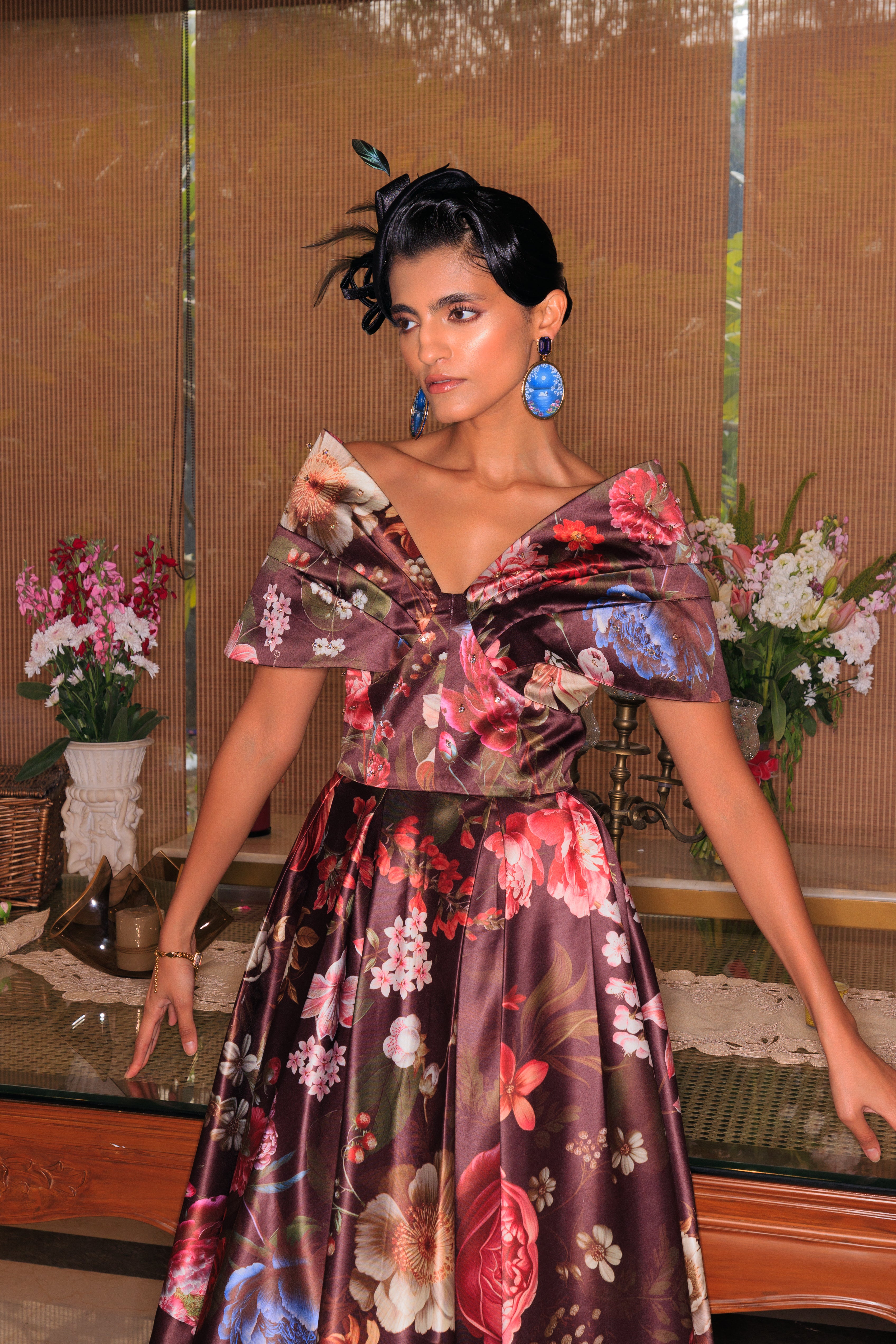 WINE FLORAL OFF-SHOULDER MIDI DRESS