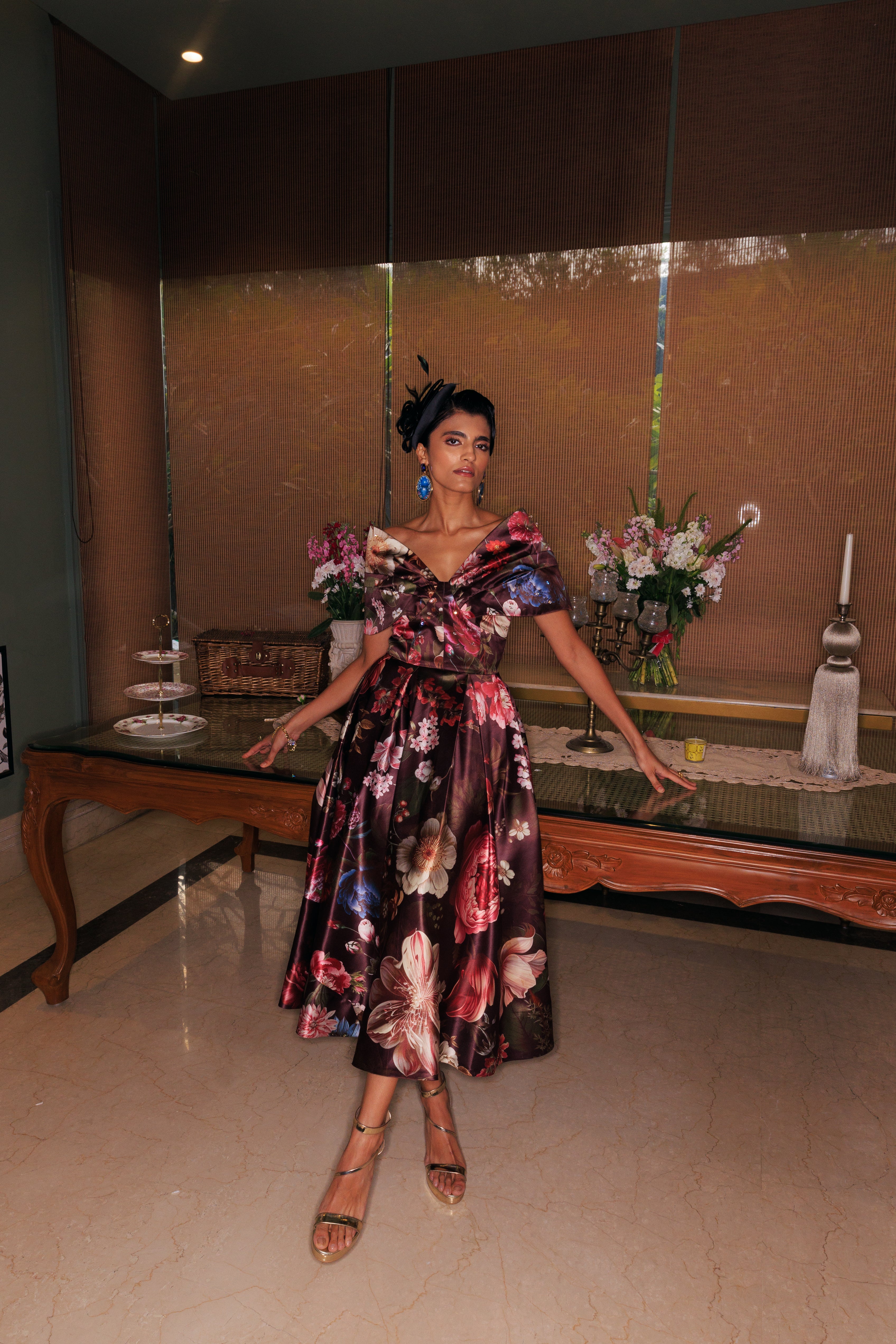 WINE FLORAL OFF-SHOULDER MIDI DRESS