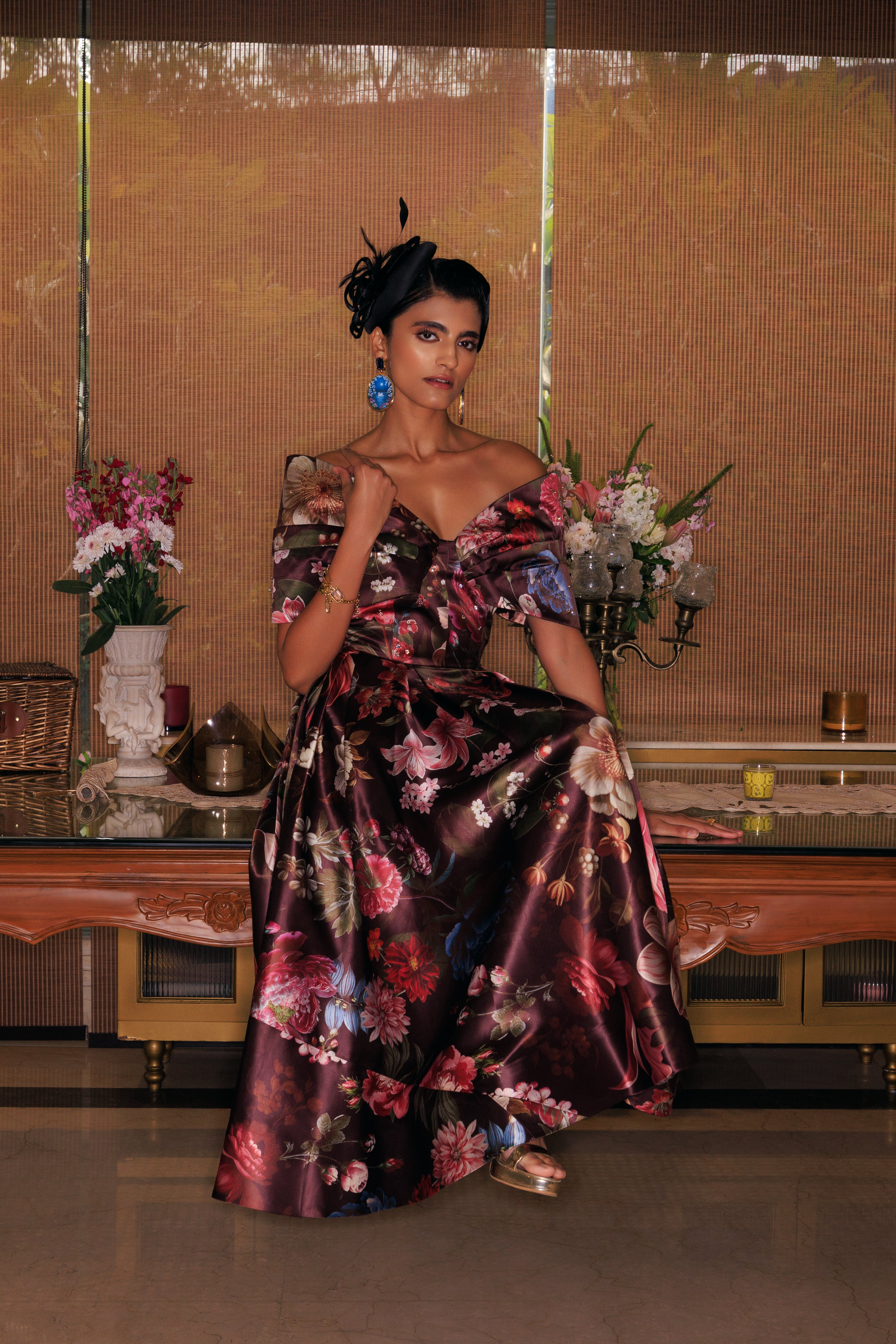 WINE FLORAL OFF-SHOULDER MIDI DRESS