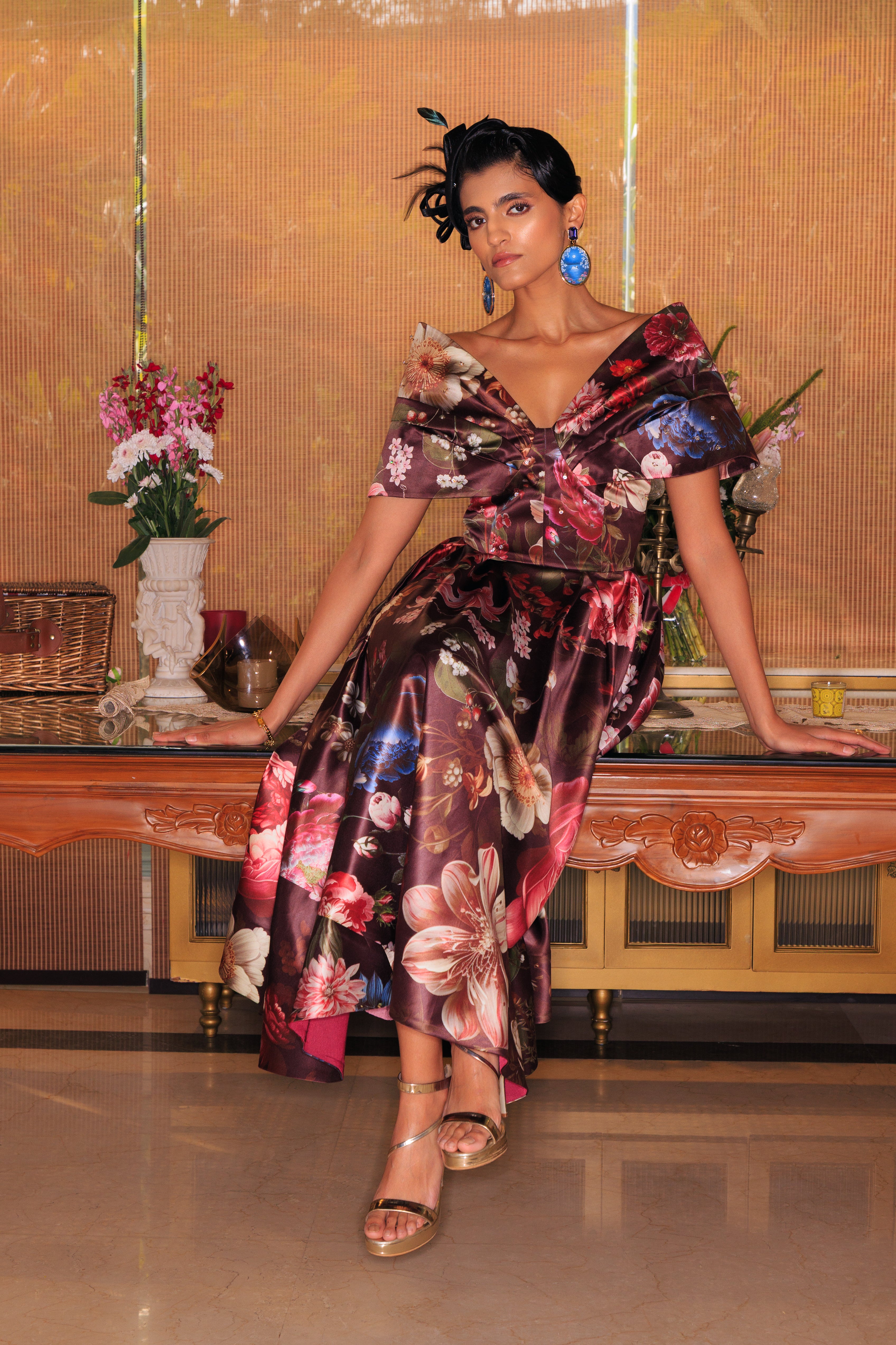 WINE FLORAL OFF-SHOULDER MIDI DRESS