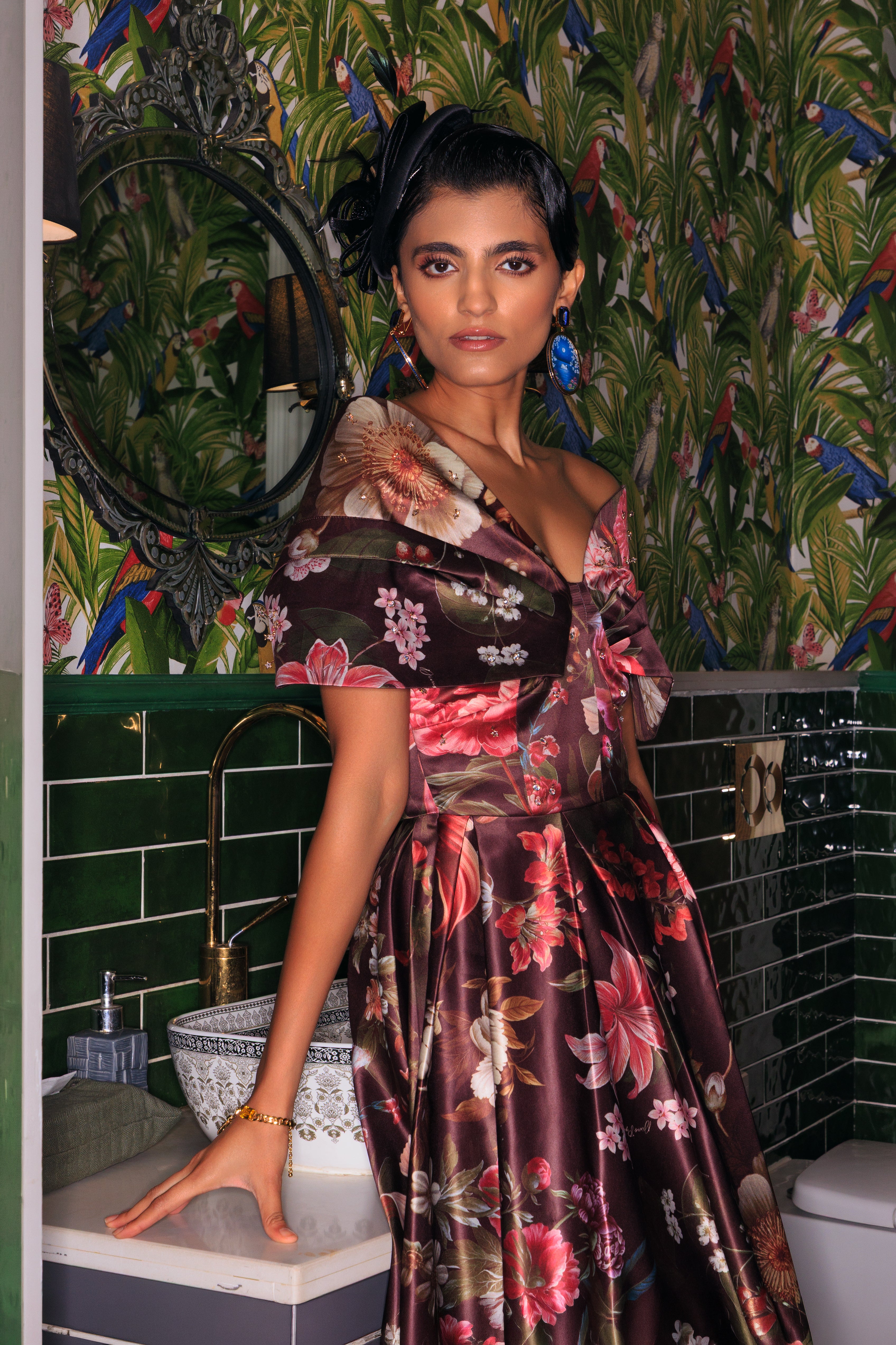 WINE FLORAL OFF-SHOULDER MIDI DRESS