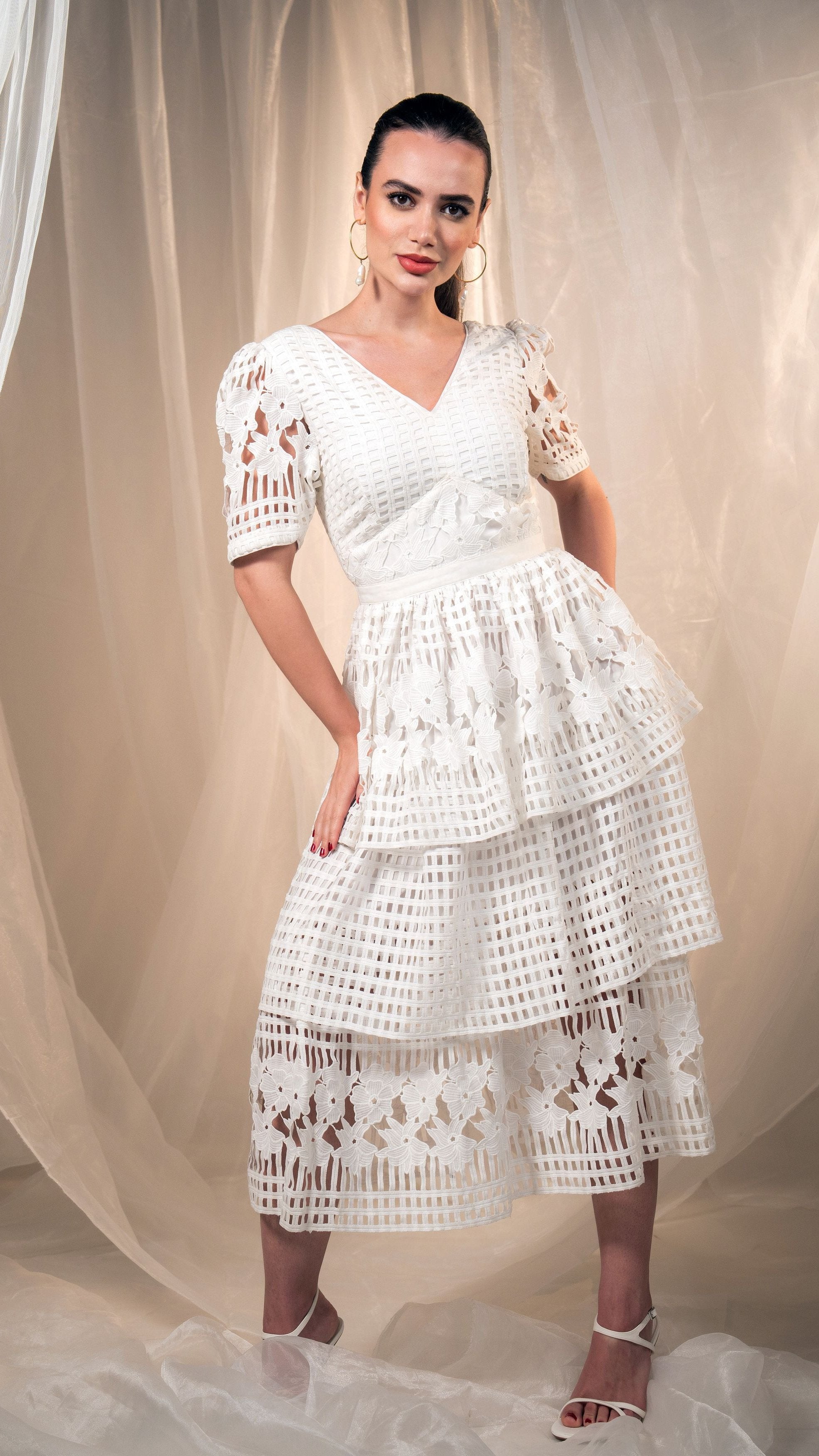 Gridded Lace Fantasy Empire Waist Tiered Dress