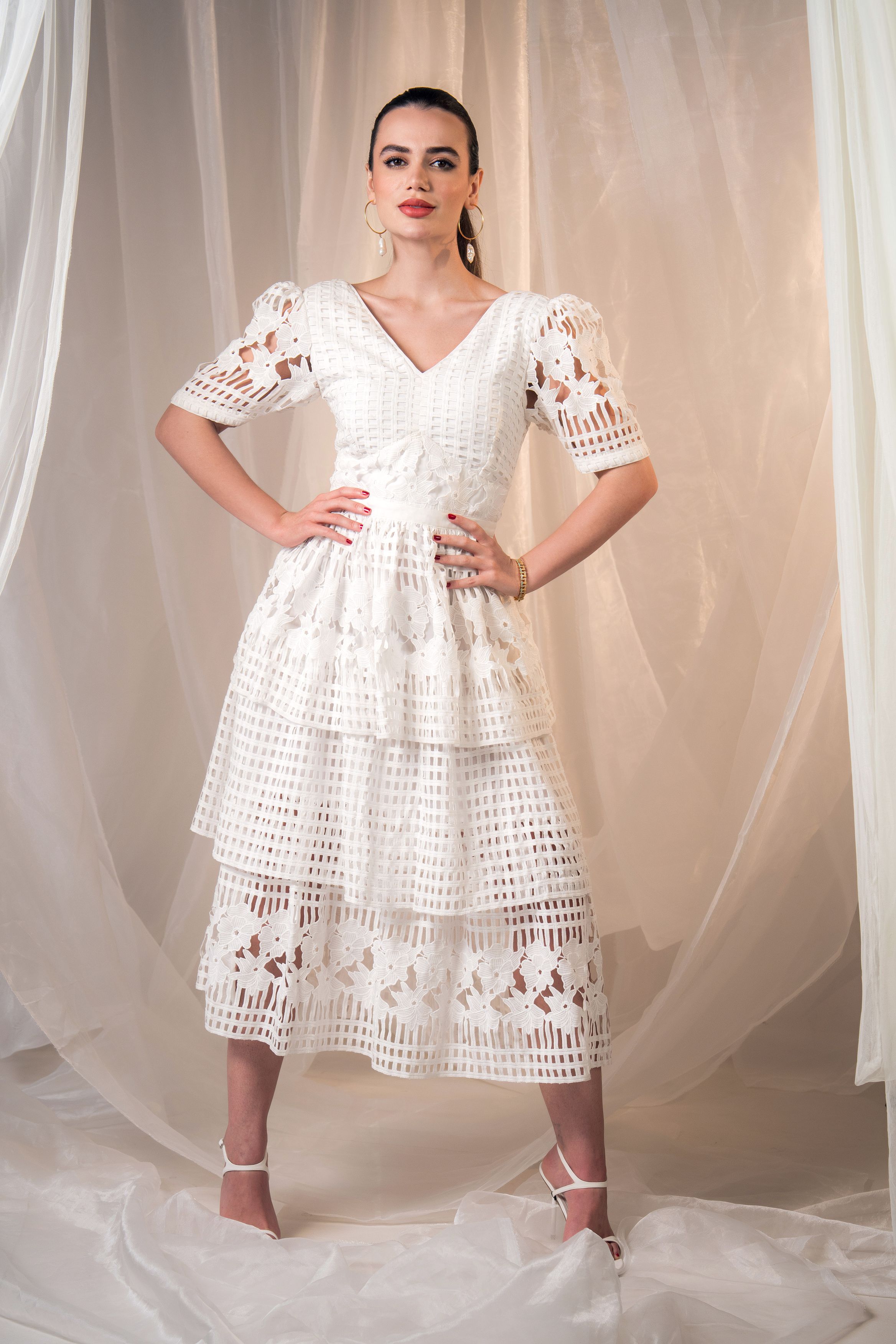 Gridded Lace Fantasy Empire Waist Tiered Dress