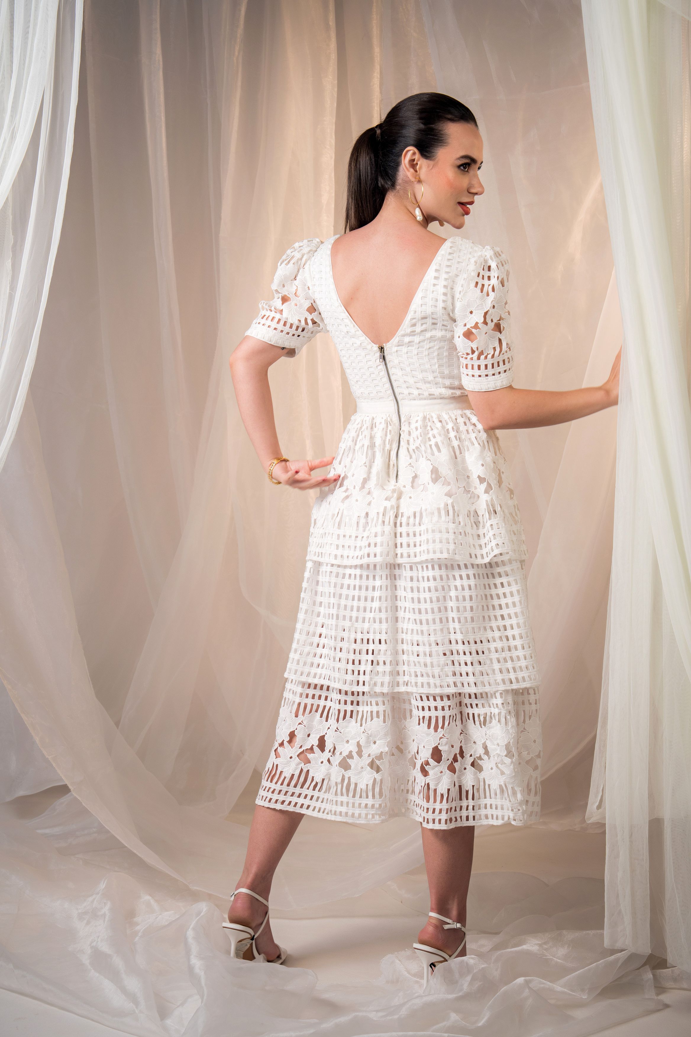 Gridded Lace Fantasy Empire Waist Tiered Dress