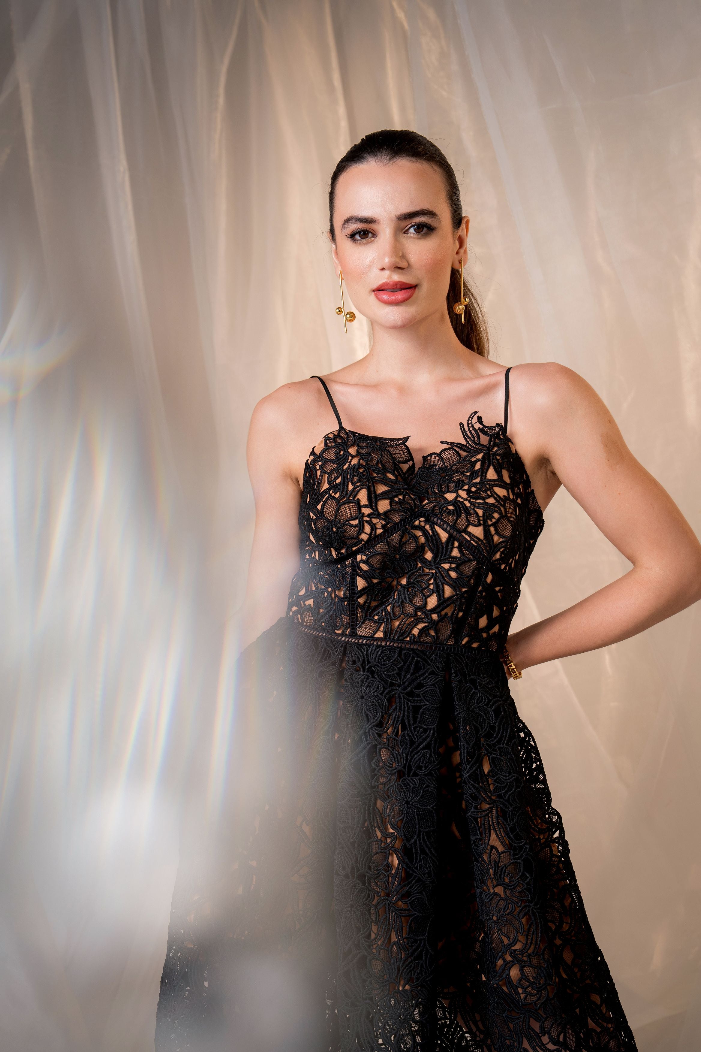 Black Guipure Lace A-Line Dress