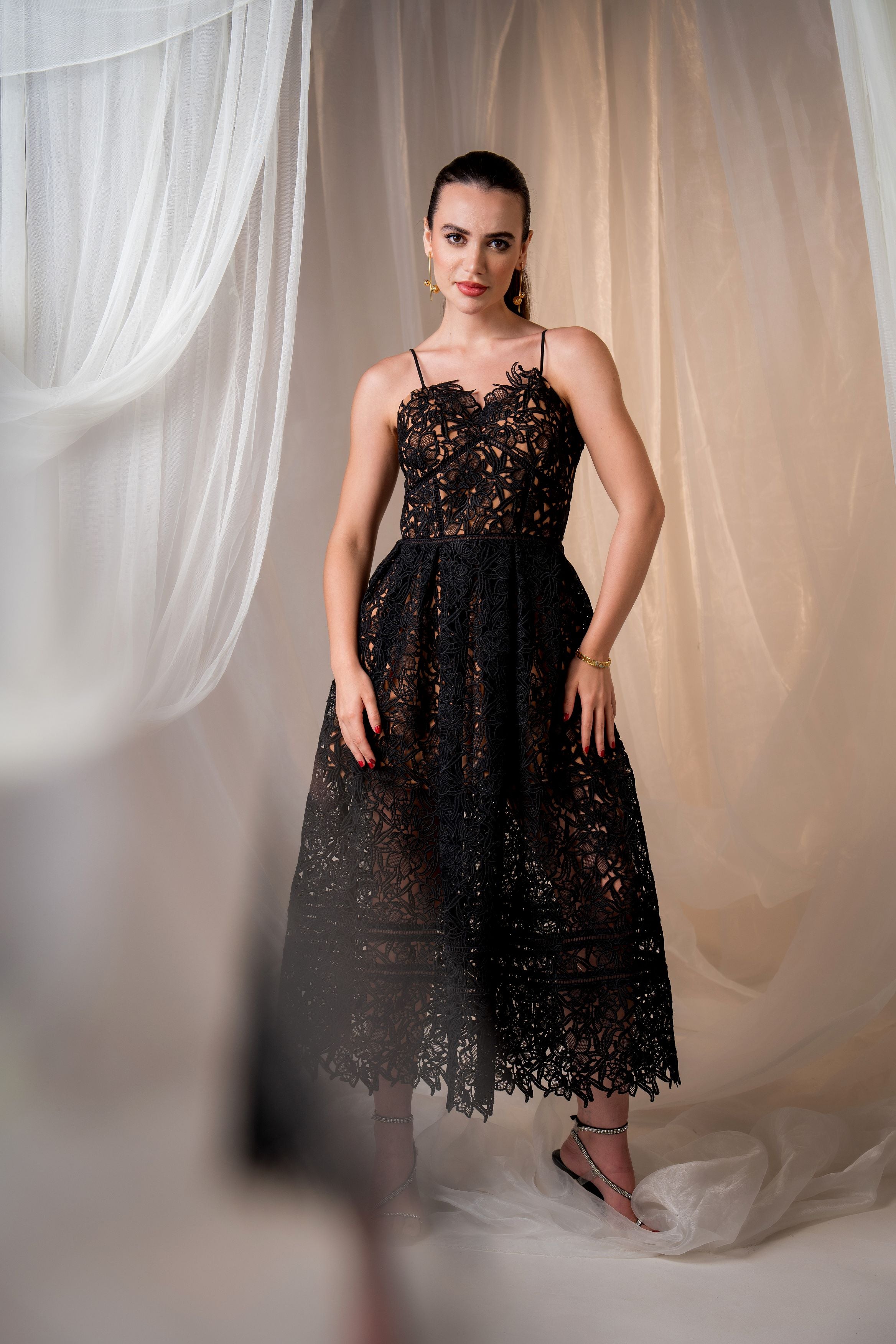 Black Guipure Lace A-Line Dress