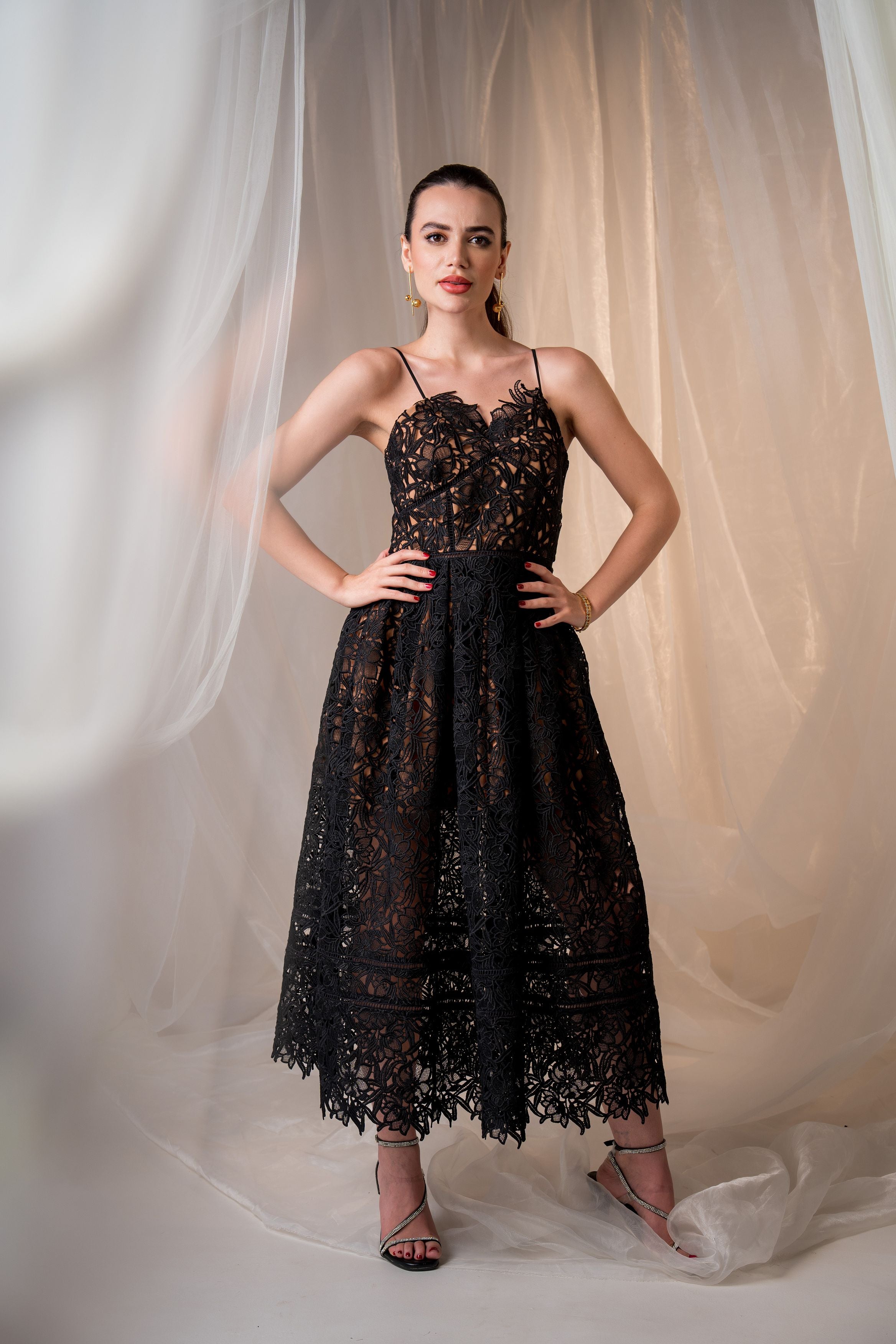 Black Guipure Lace A-Line Dress