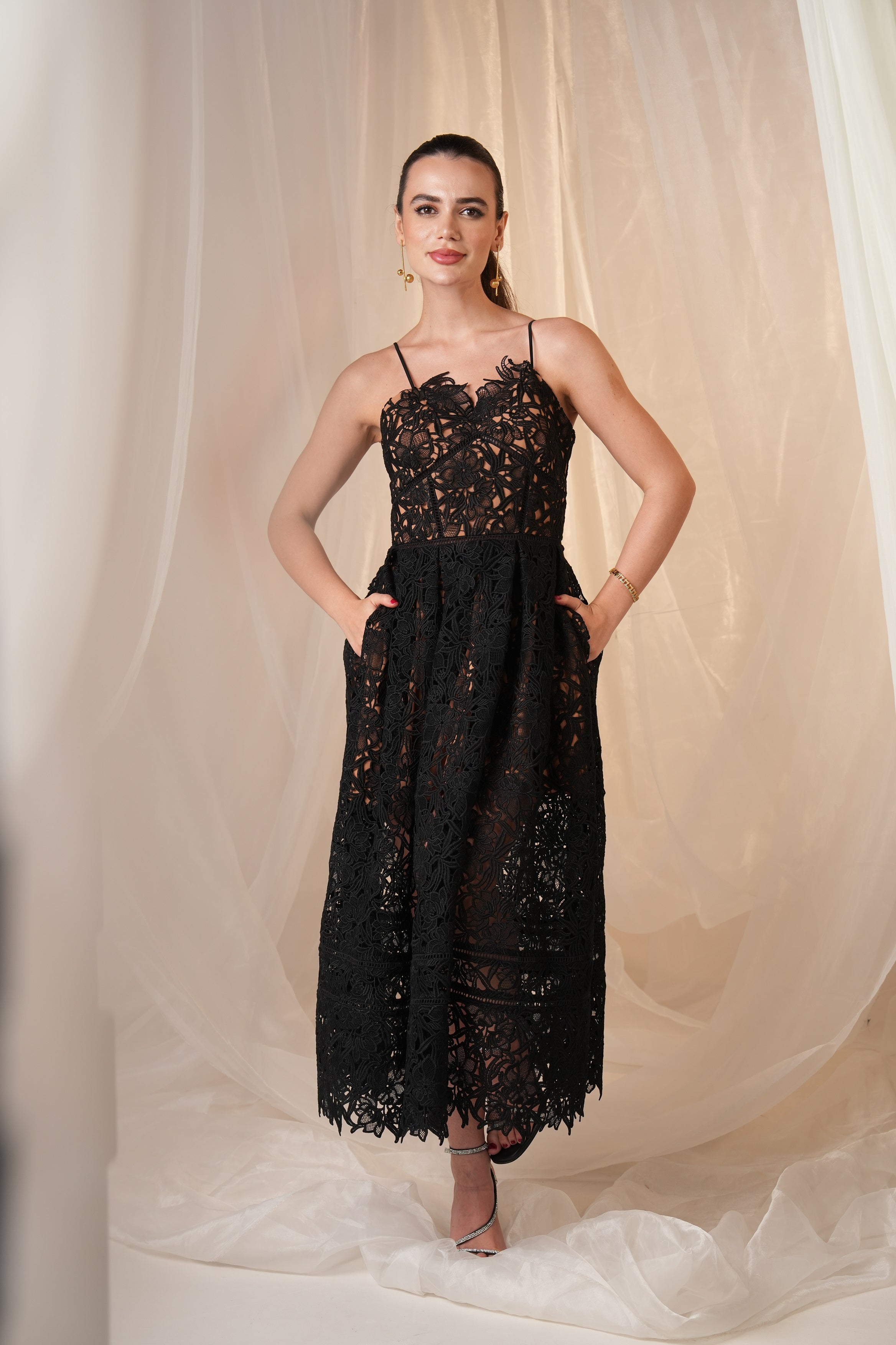 Black Guipure Lace Midi Dress