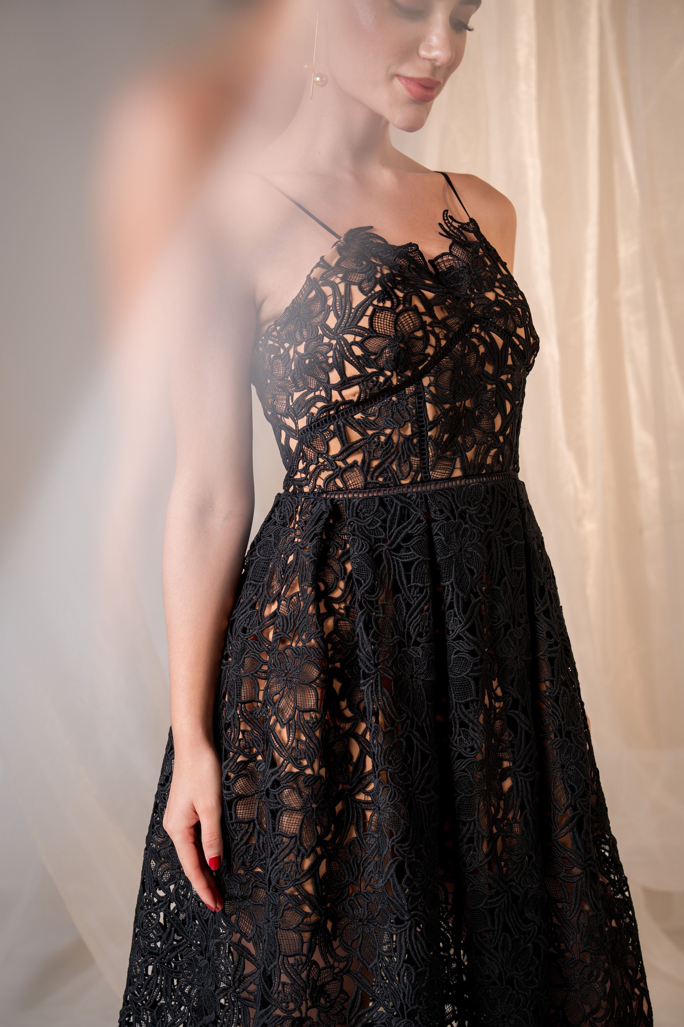 Black Guipure Lace A-Line Dress