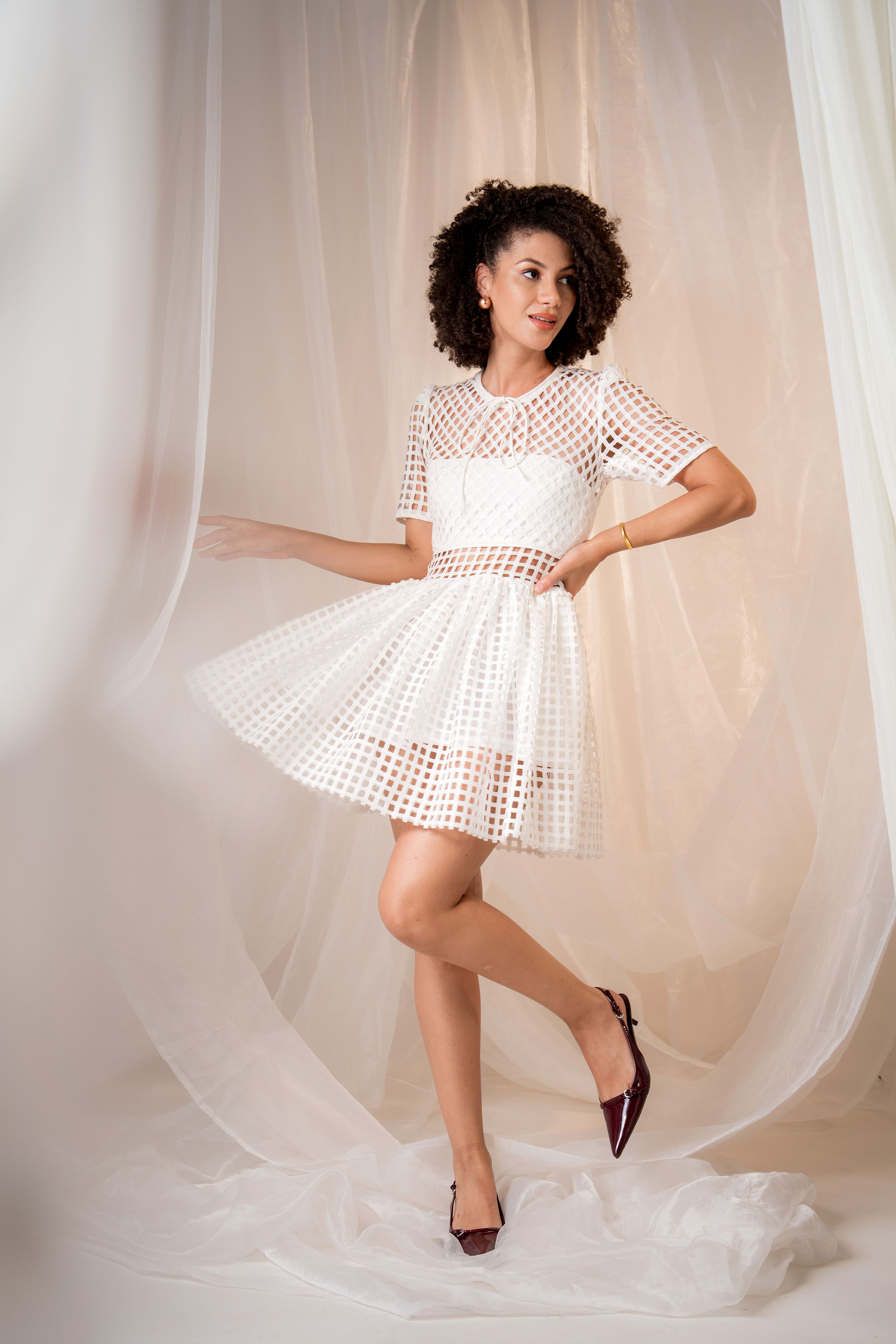 Lattice Lace Sheer Panelled Mini Dress - White