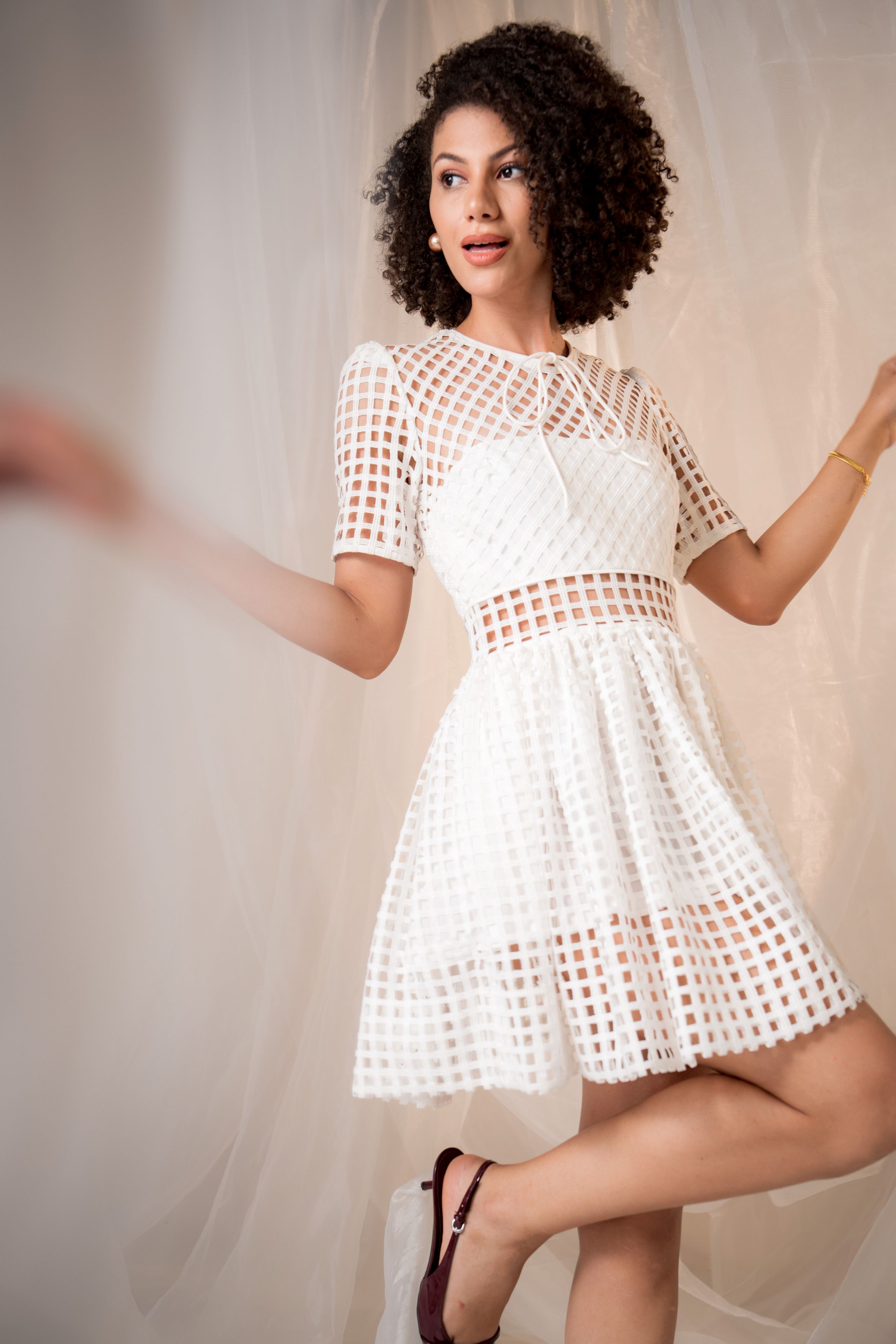 Lattice Lace Sheer Panelled Mini Dress - White