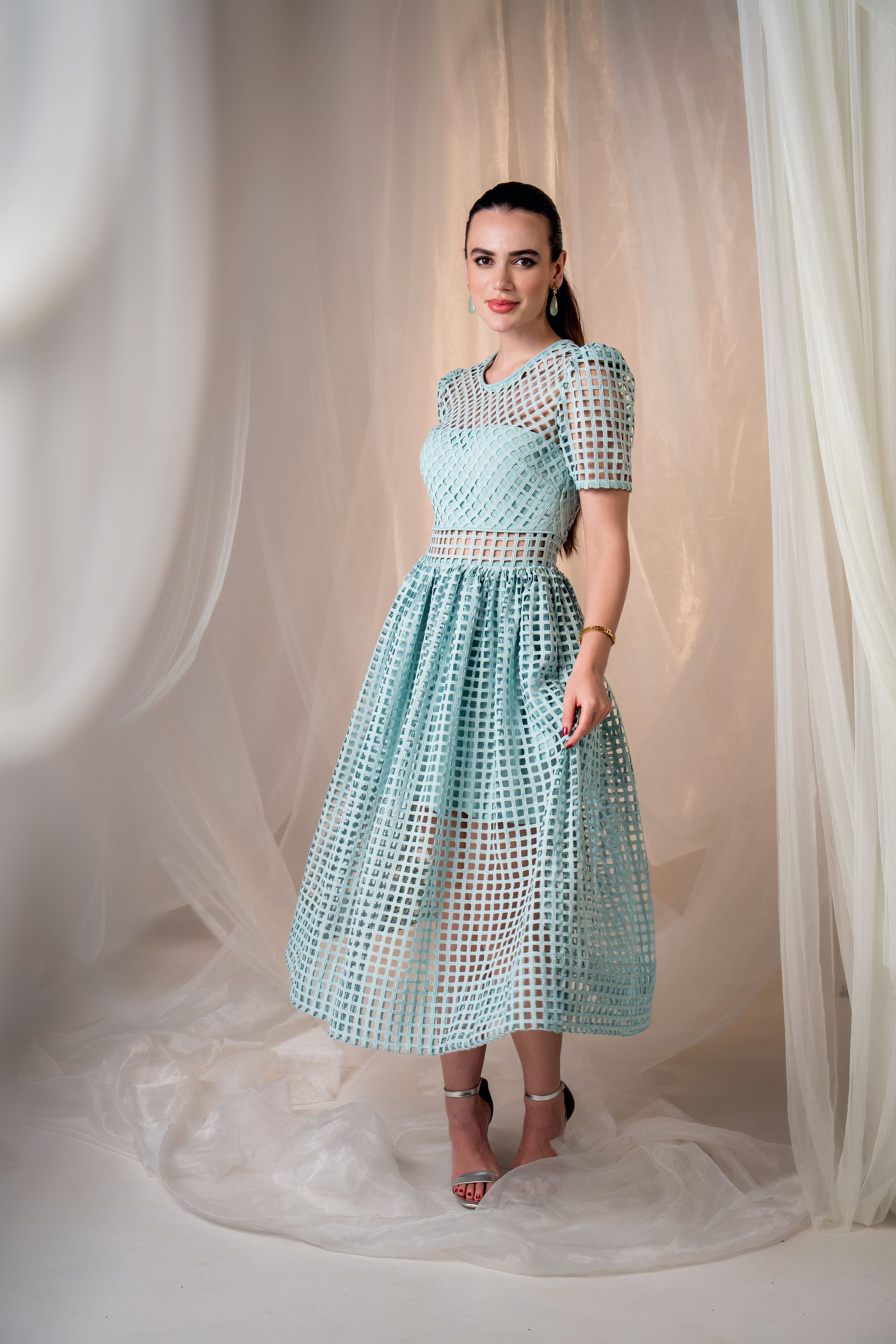 Lattice Lace Sheer Panelled Midi Dress - Teal Blue