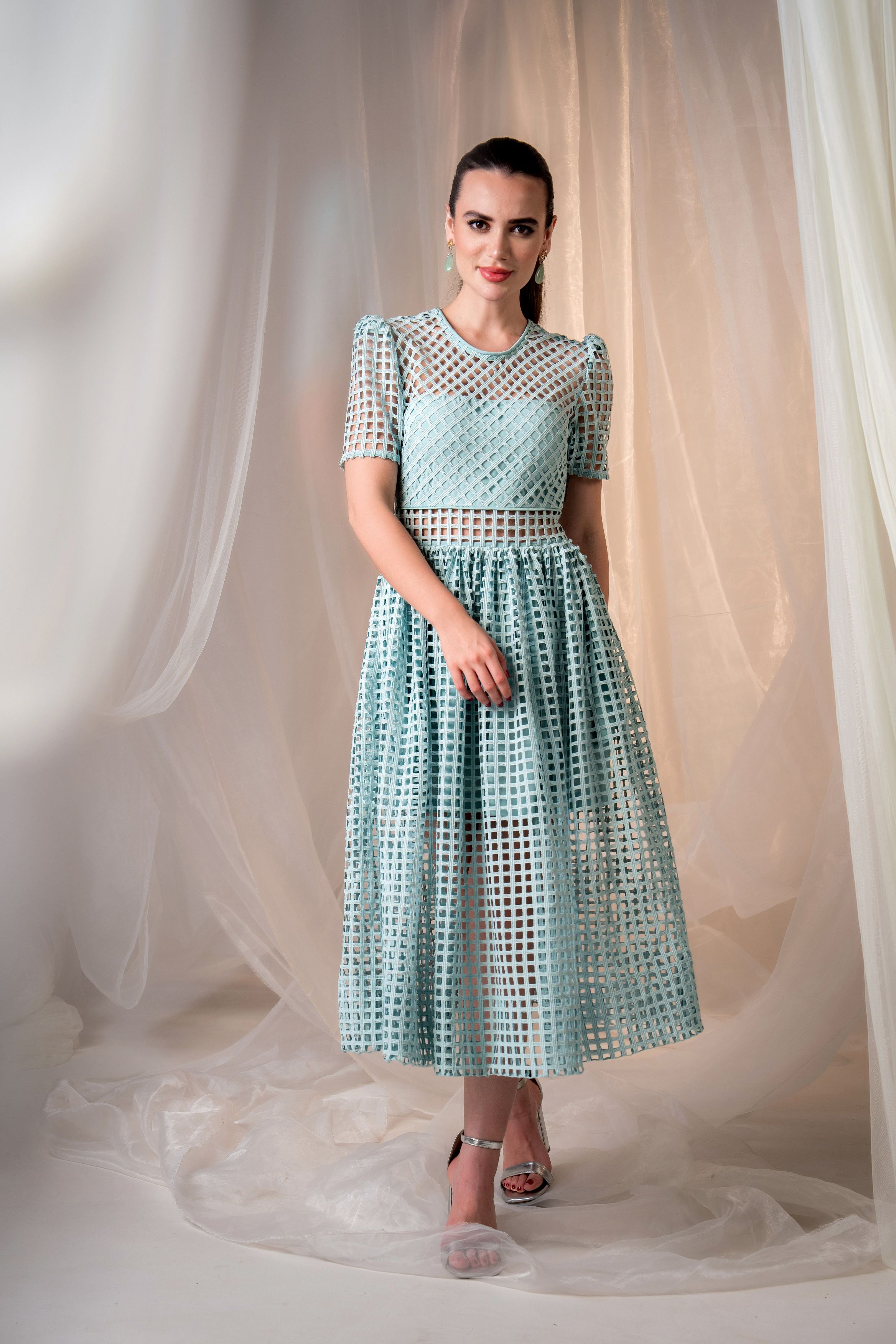 Lattice Lace Sheer Panelled Midi Dress - Teal Blue