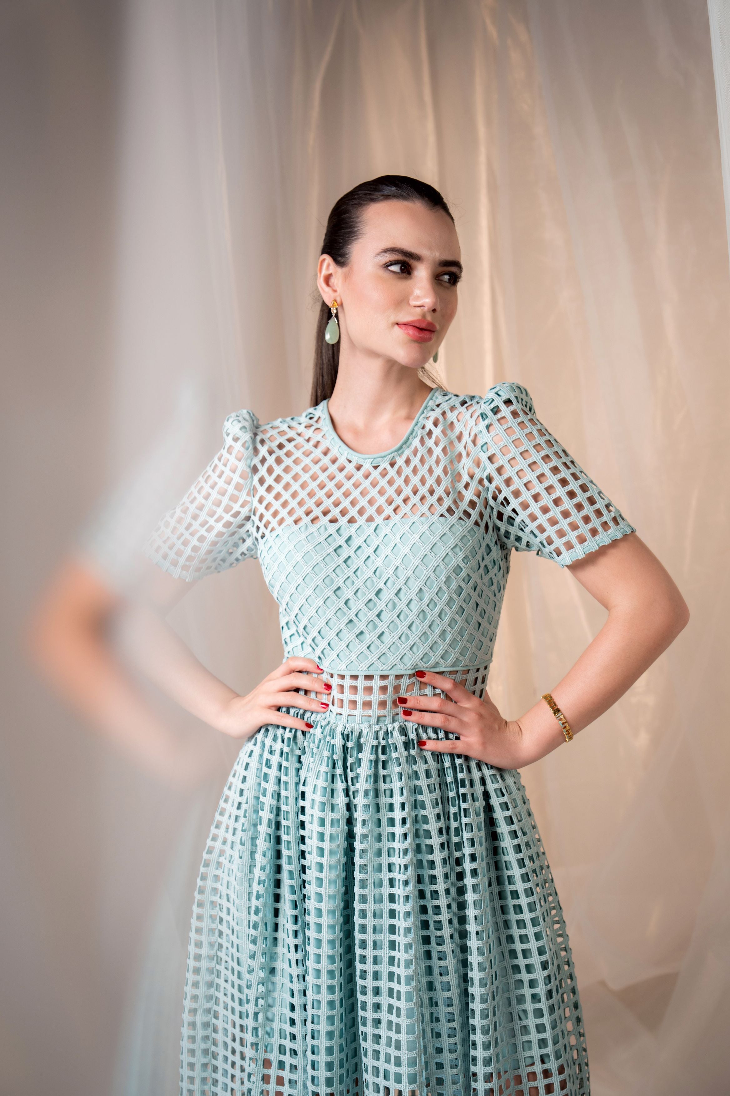 Lattice Lace Sheer Panelled Midi Dress - Teal Blue