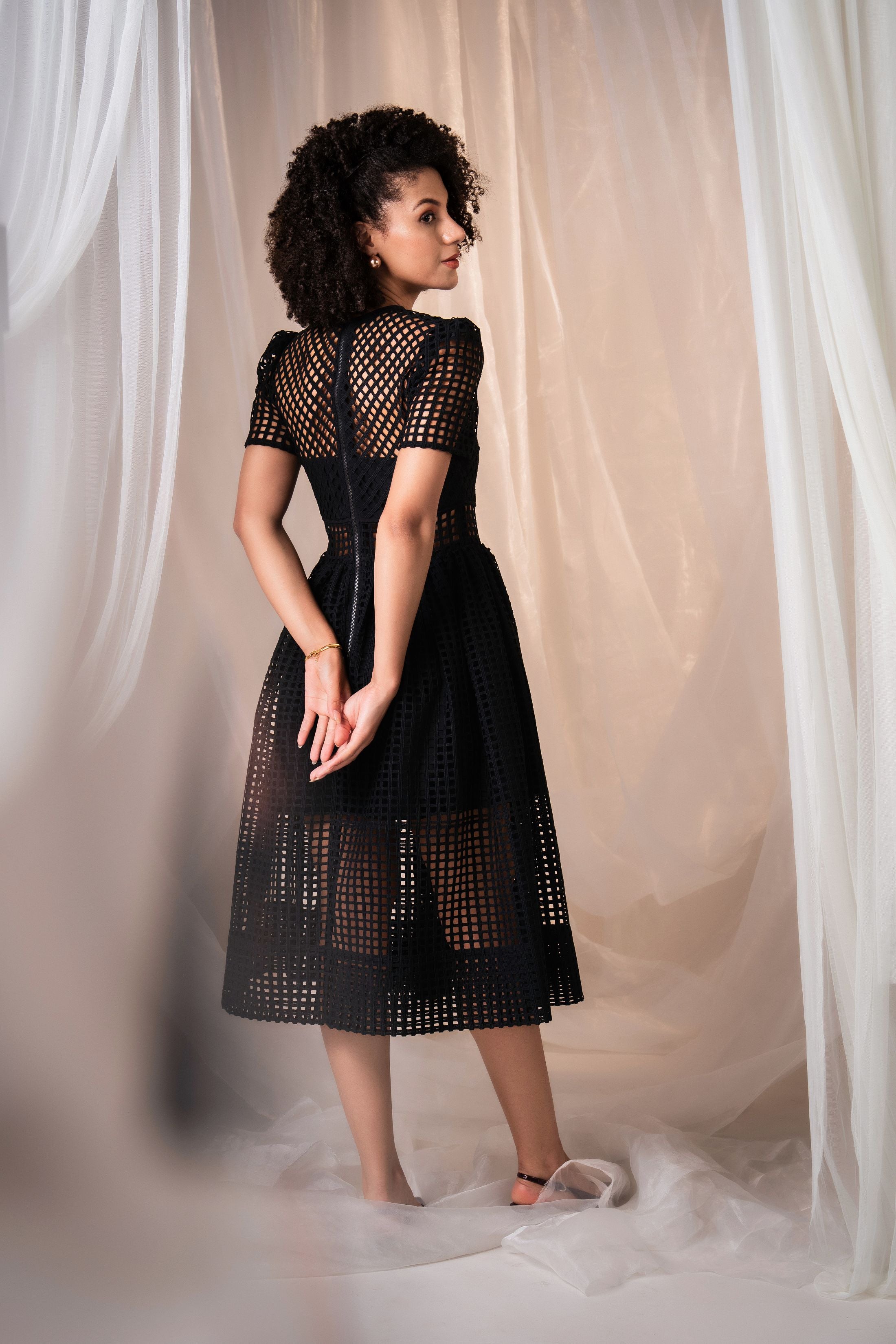 Lattice Lace Sheer Panelled Midi Dress - Black