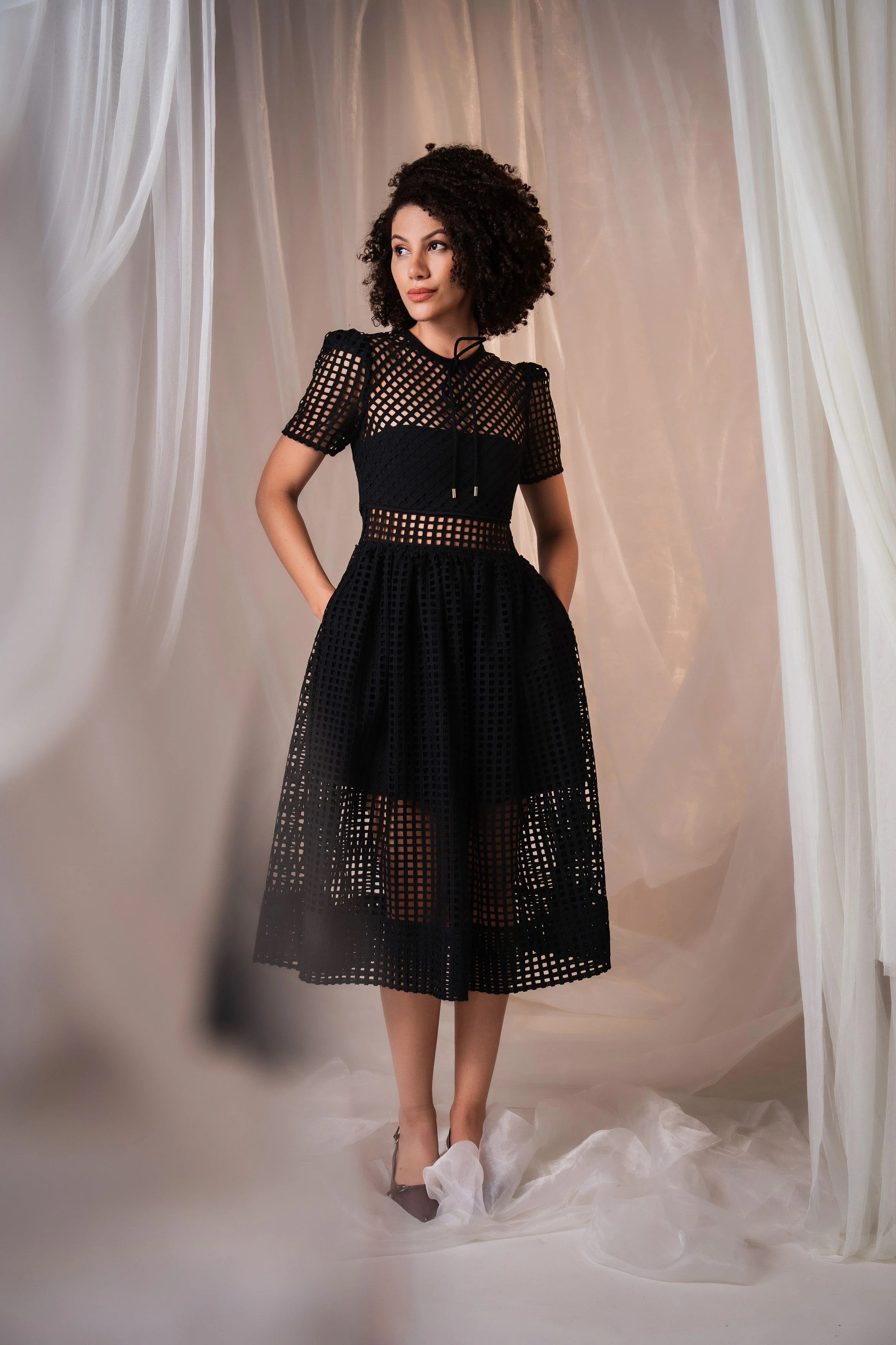 Lattice Lace Sheer Panelled Midi Dress - Black