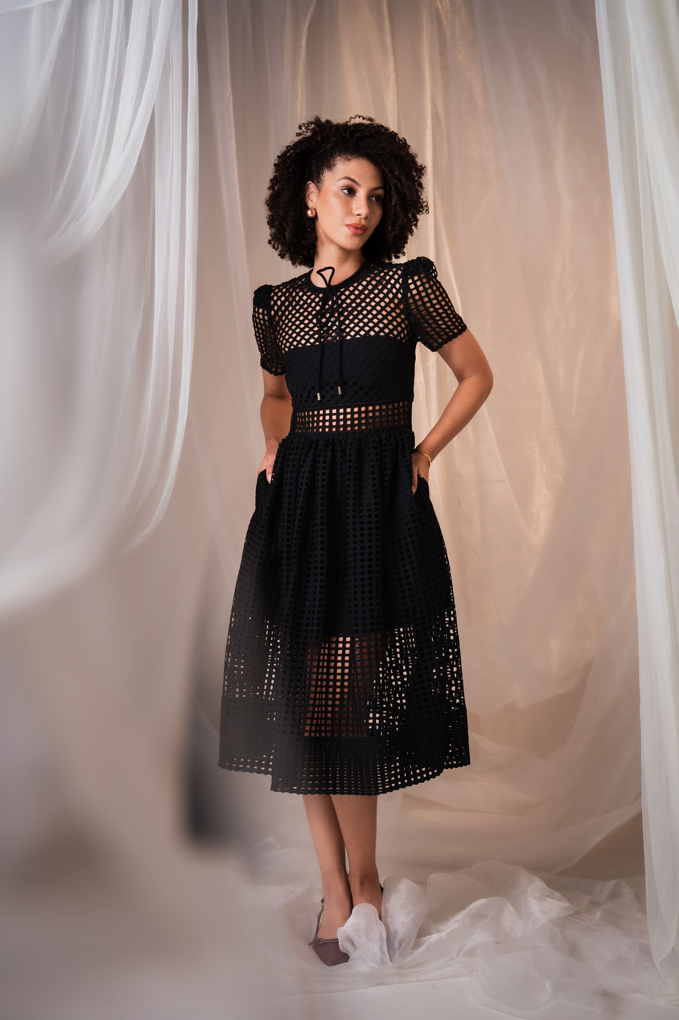 Lattice Lace Sheer Panelled Midi Dress - Black