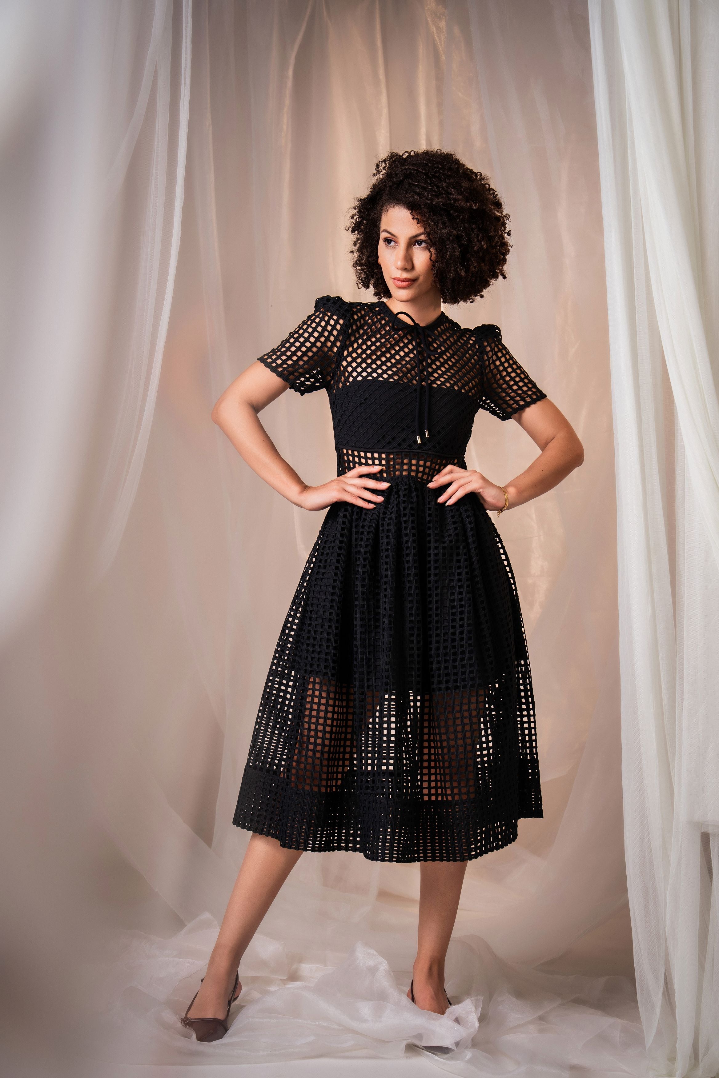 Lattice Lace Sheer Panelled Midi Dress - Black