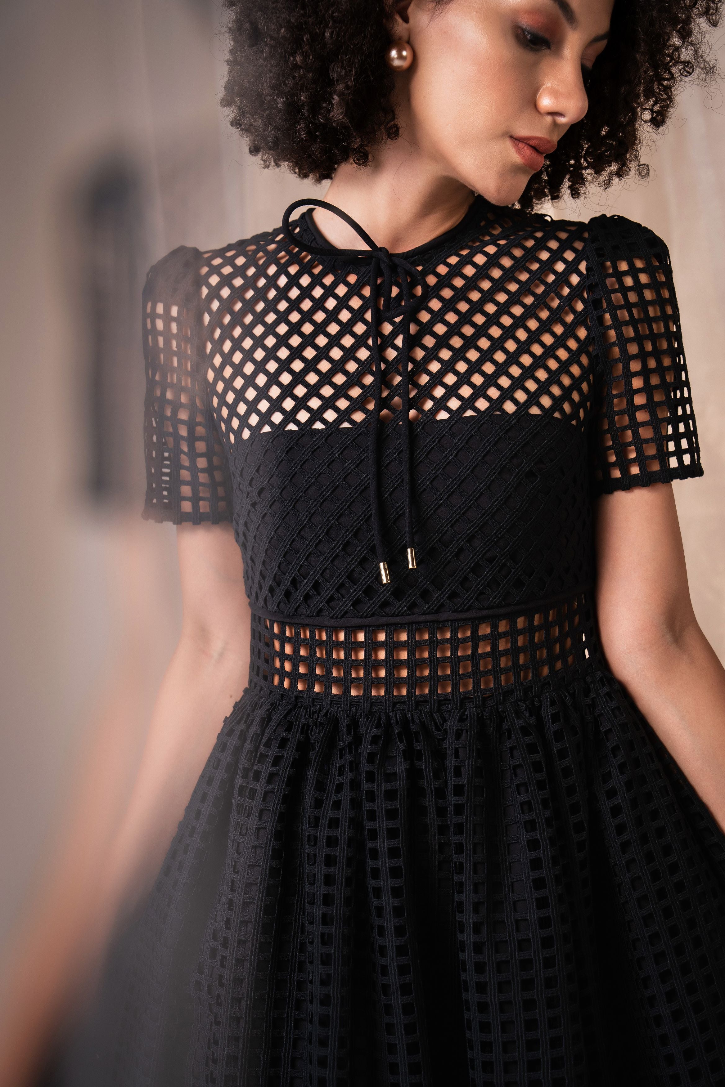 Lattice Lace Sheer Panelled Midi Dress - Black