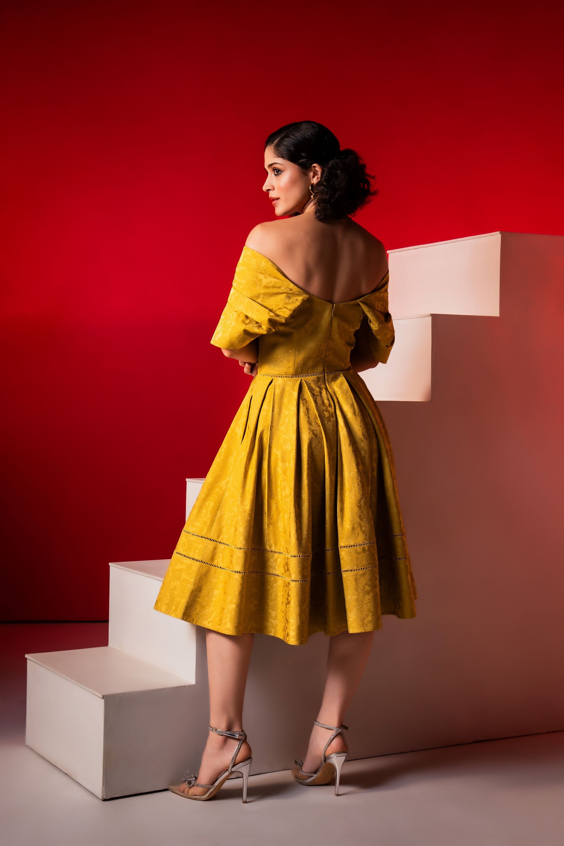 Yellow Jacquard Exaggerated Shoulder Skater Midi Dress
