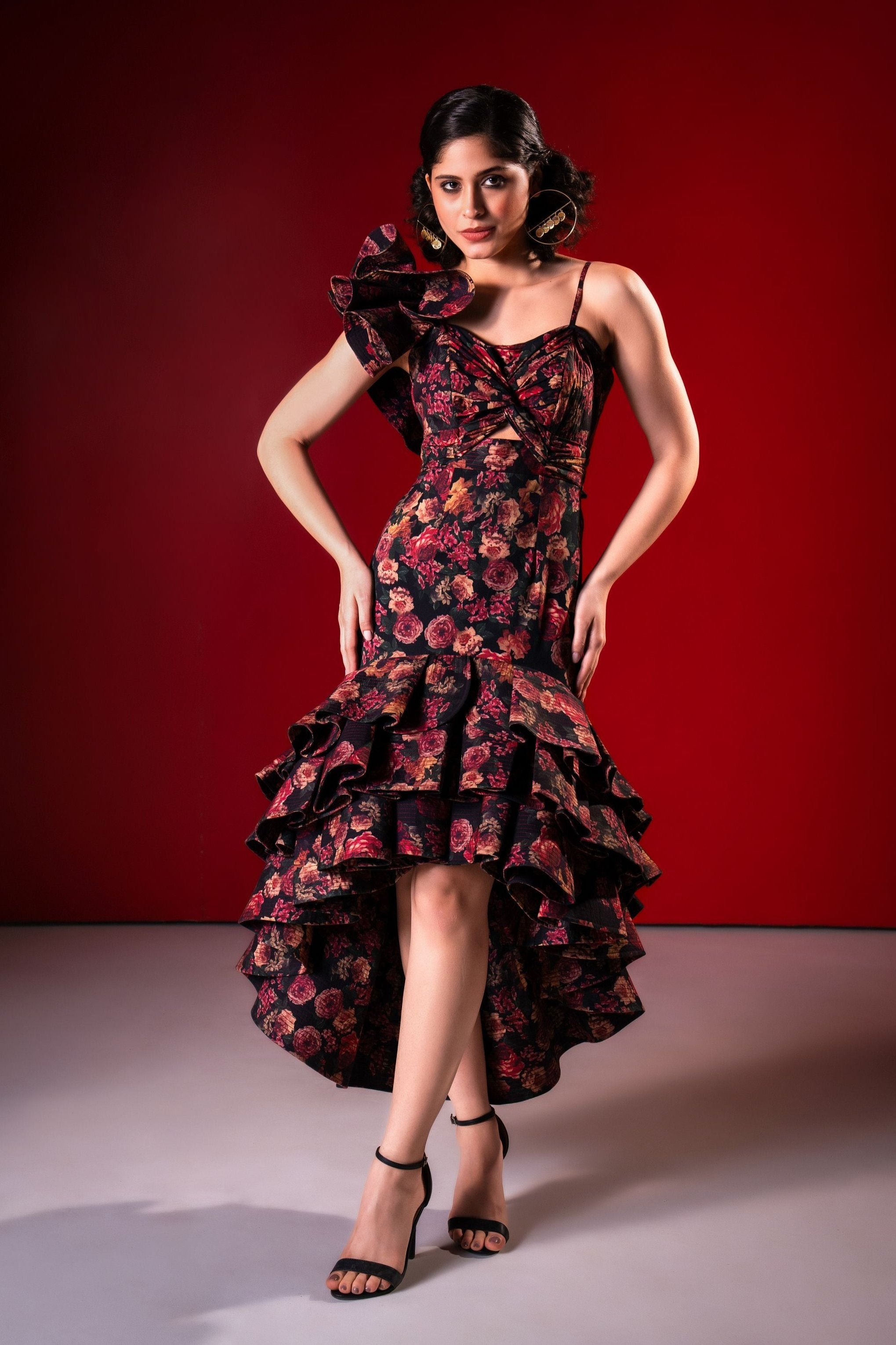 Asymmetric Ruffled Peplum Gown - Vintage Floral