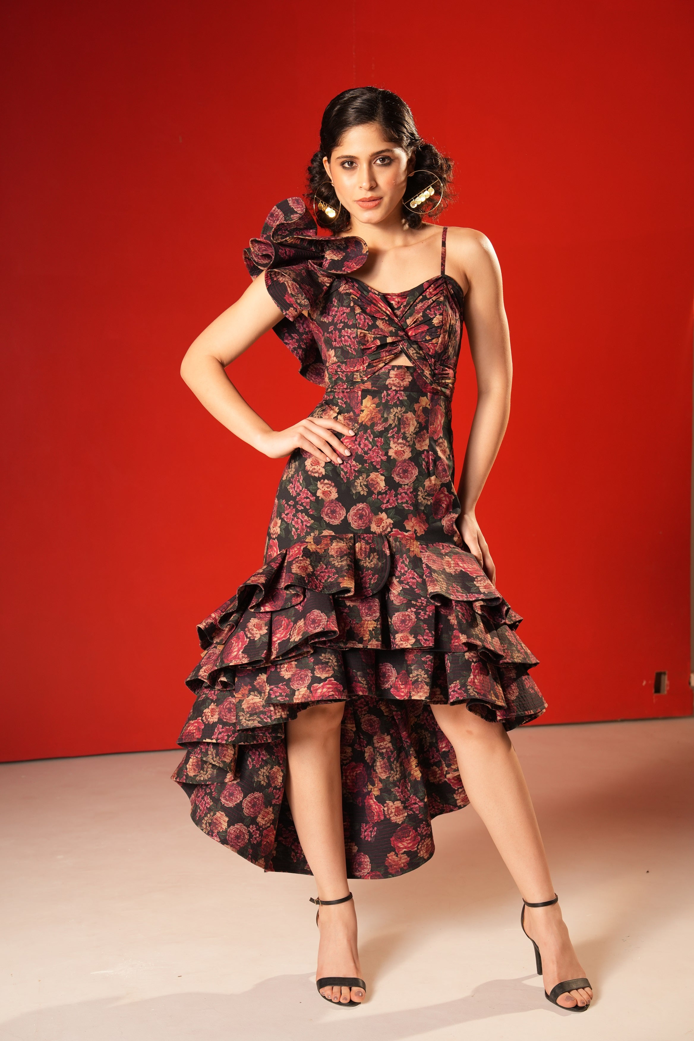 Asymmetric Ruffled Peplum Gown - Vintage Floral