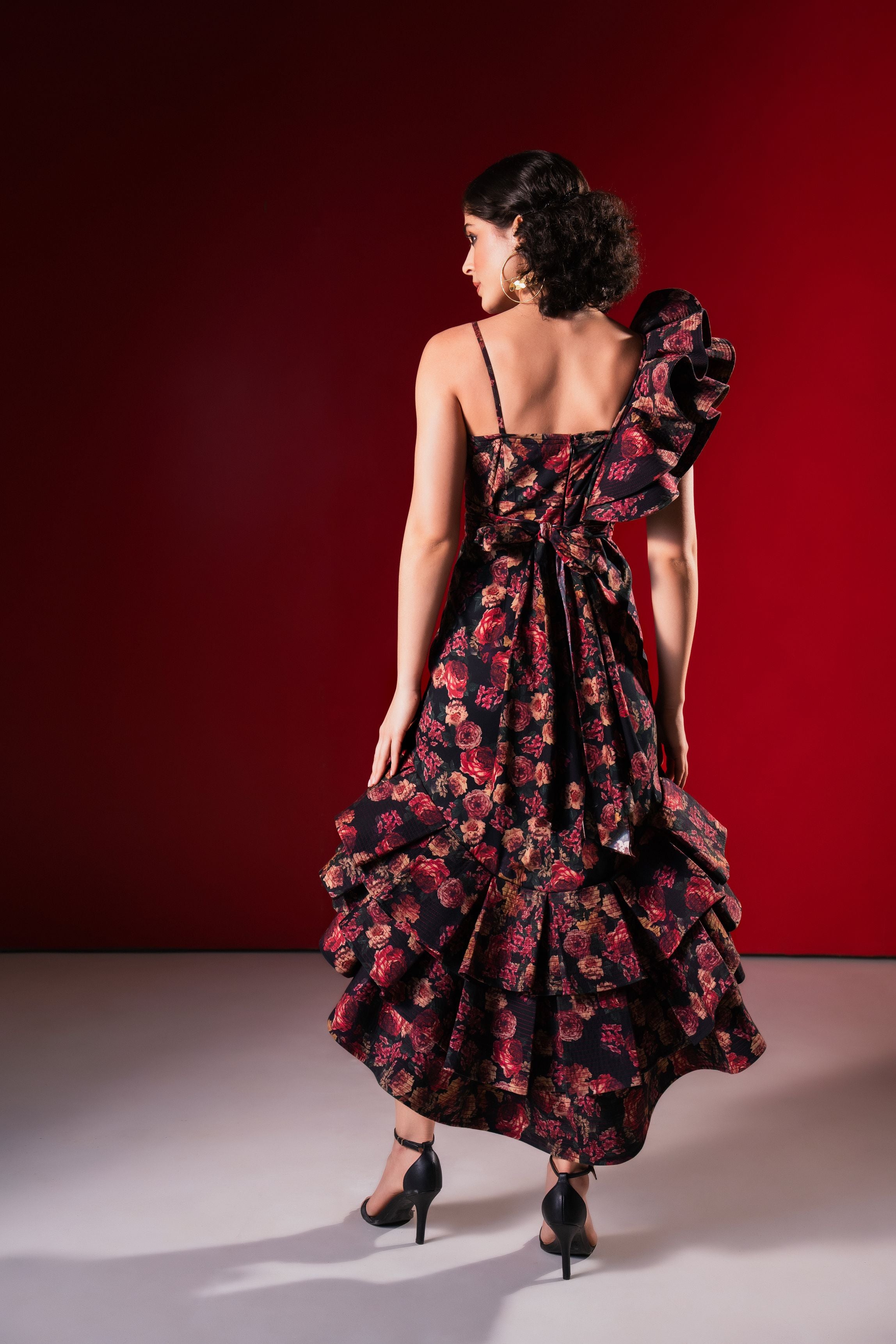 Asymmetric Ruffled Peplum Gown - Vintage Floral