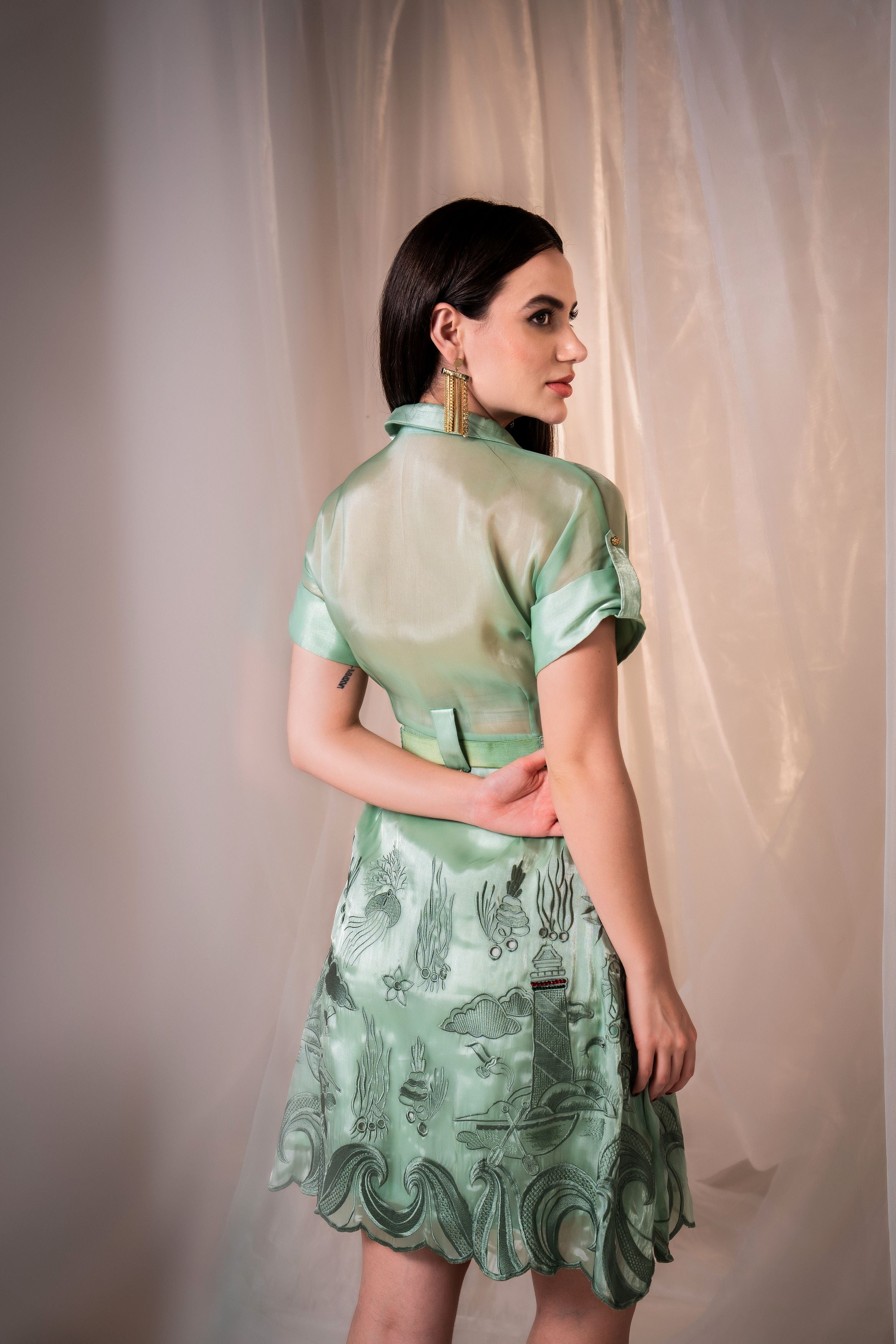 Coral Green Embroidered Silk Organza Ocean Dress