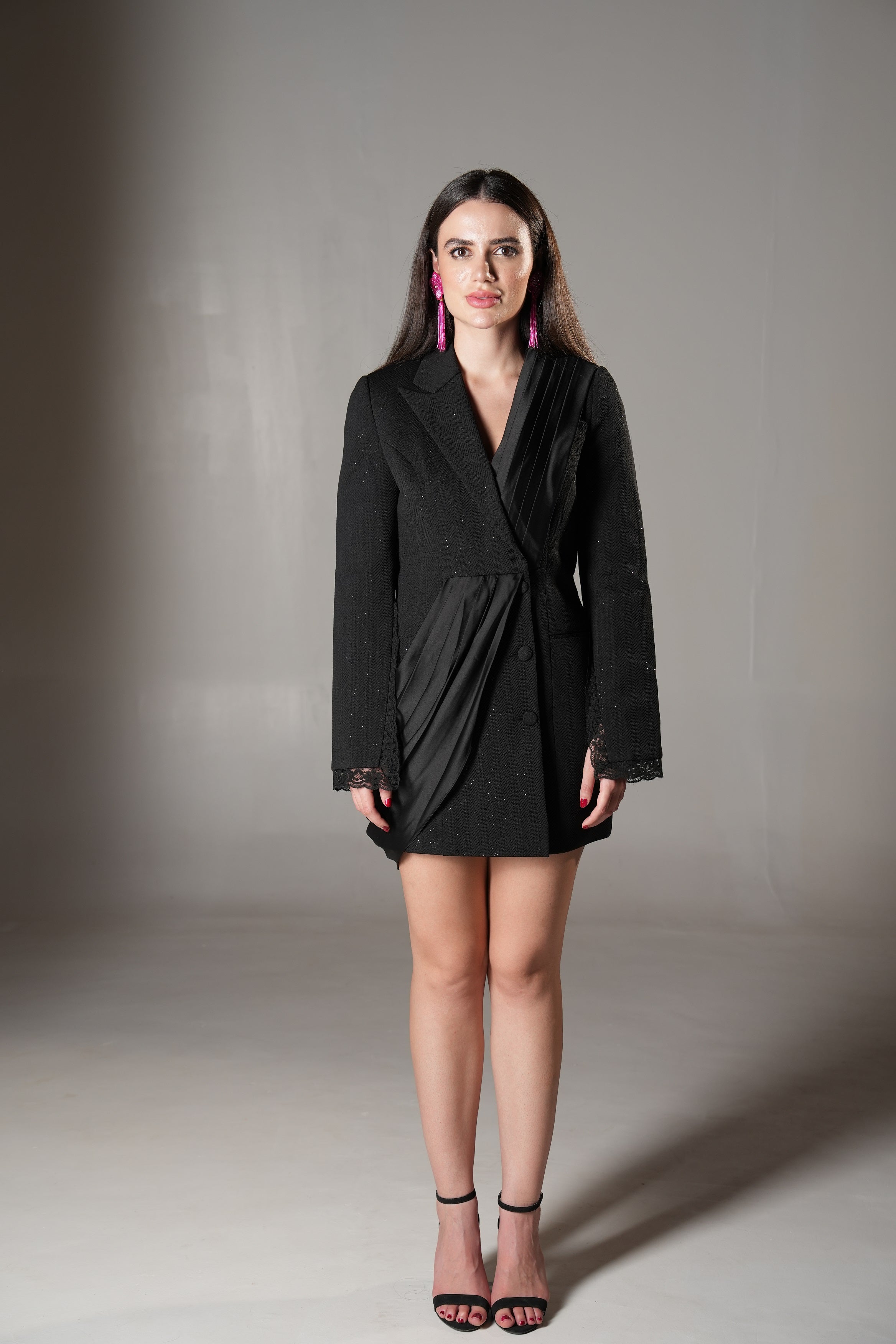 Black Shimmer Draped Blazer Dress