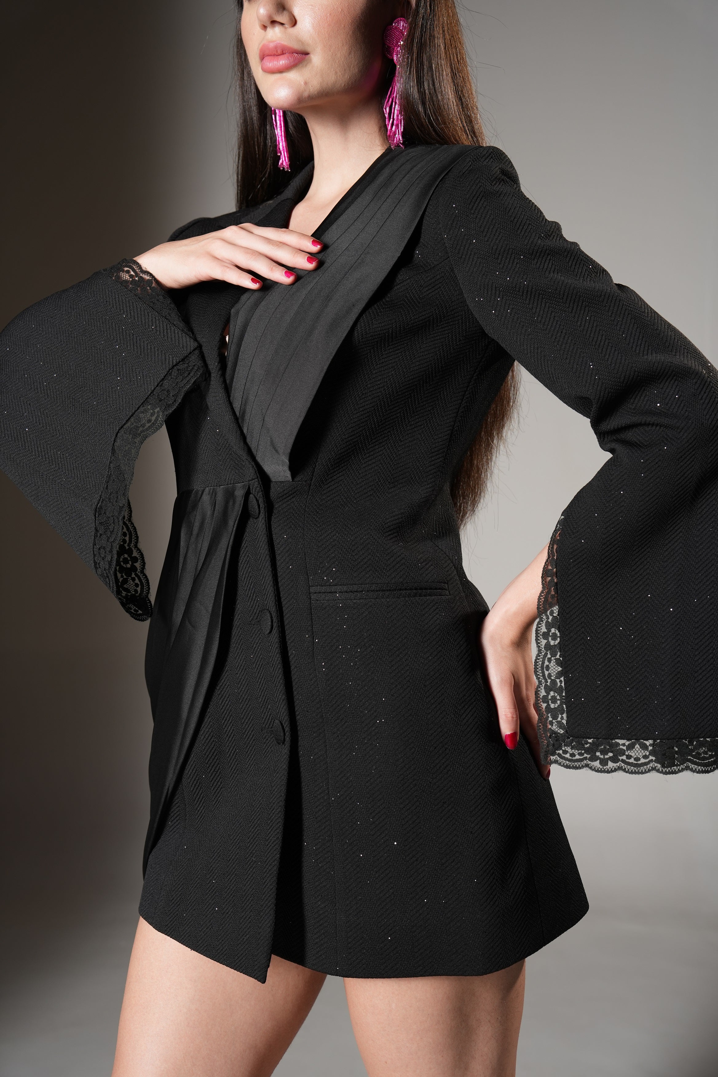 Black Shimmer Draped Blazer Dress