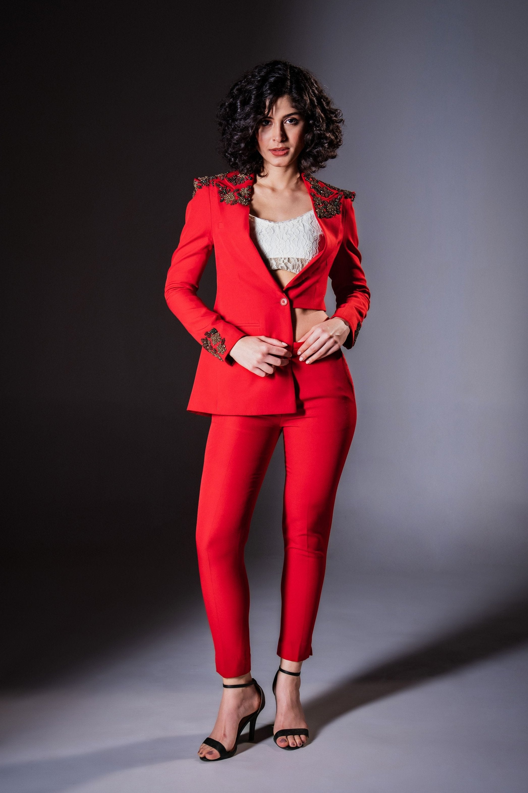 Scarlet Red Embellished Asymmetric Crop Blazer