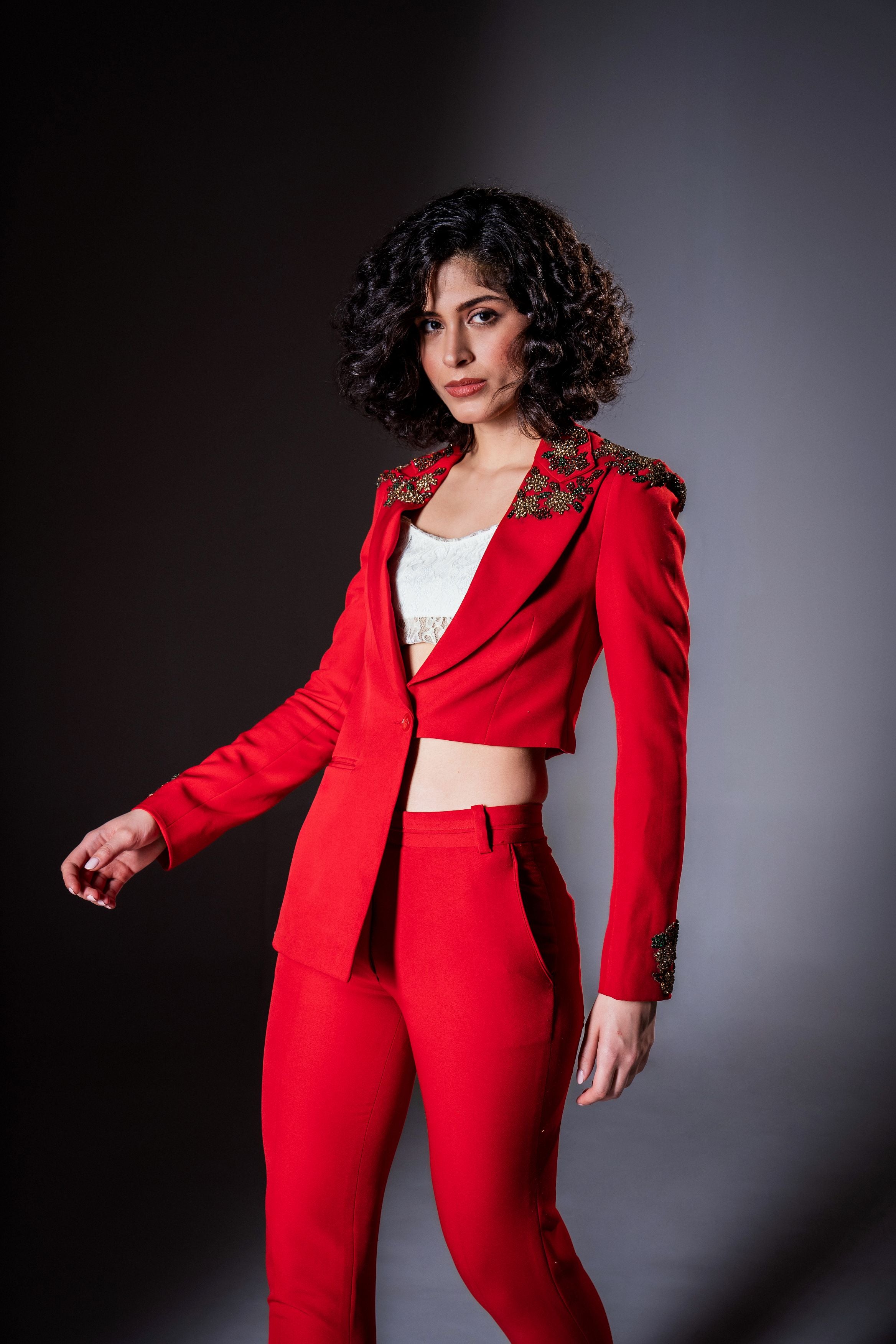 Scarlet Red Embellished Asymmetric Crop Blazer