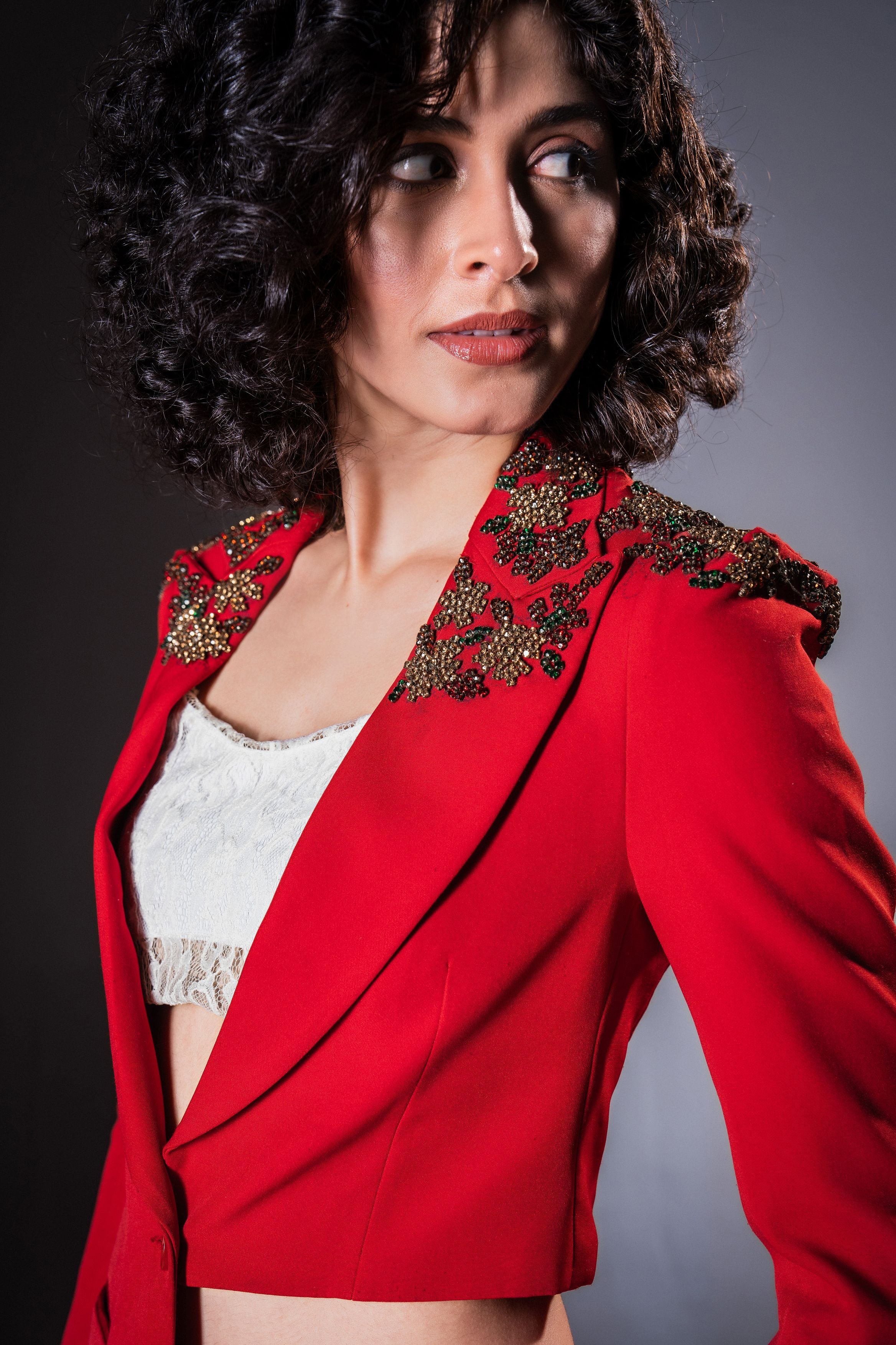 Scarlet Red Embellished Asymmetric Crop Blazer