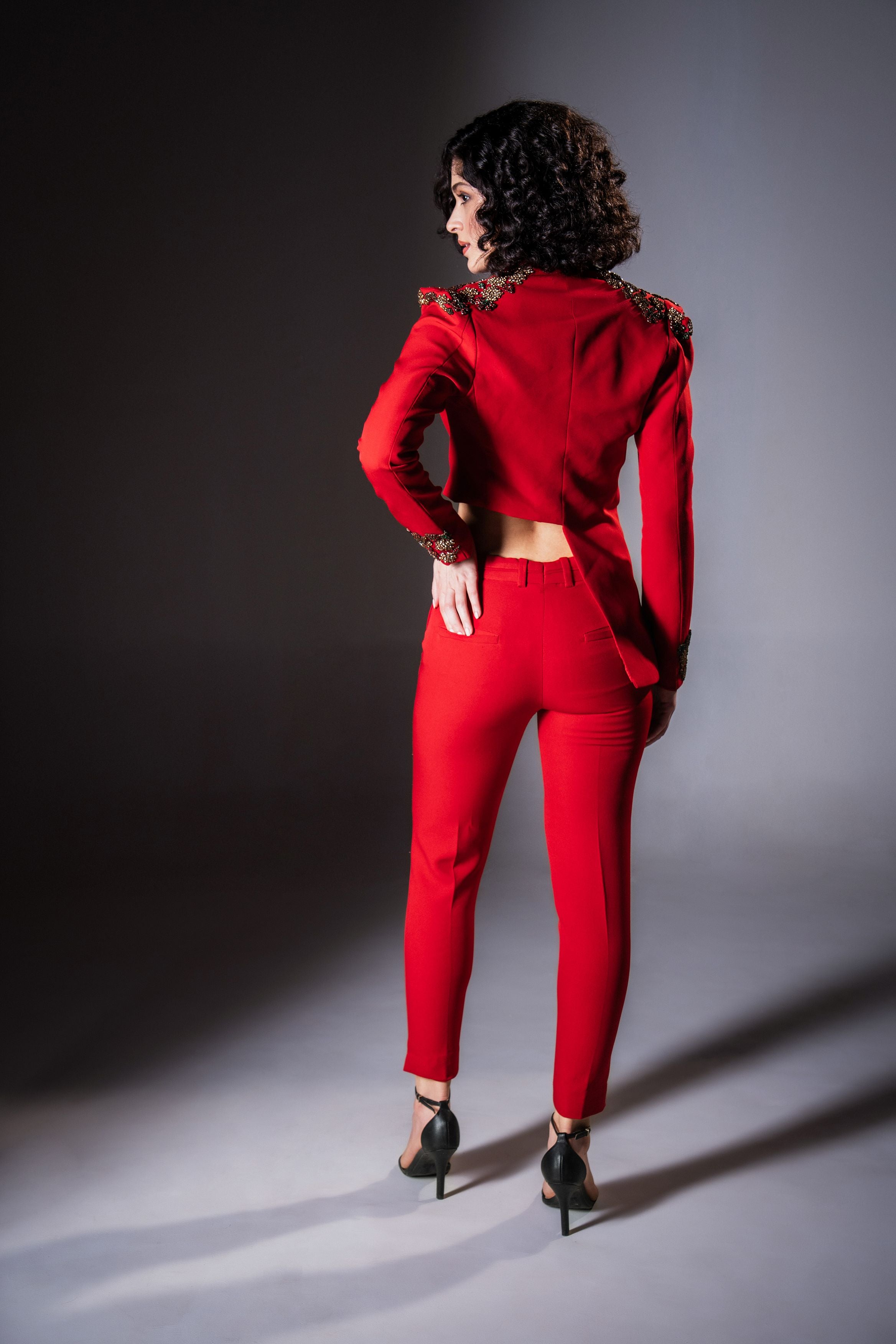 Scarlet Red Embellished Asymmetric Crop Blazer