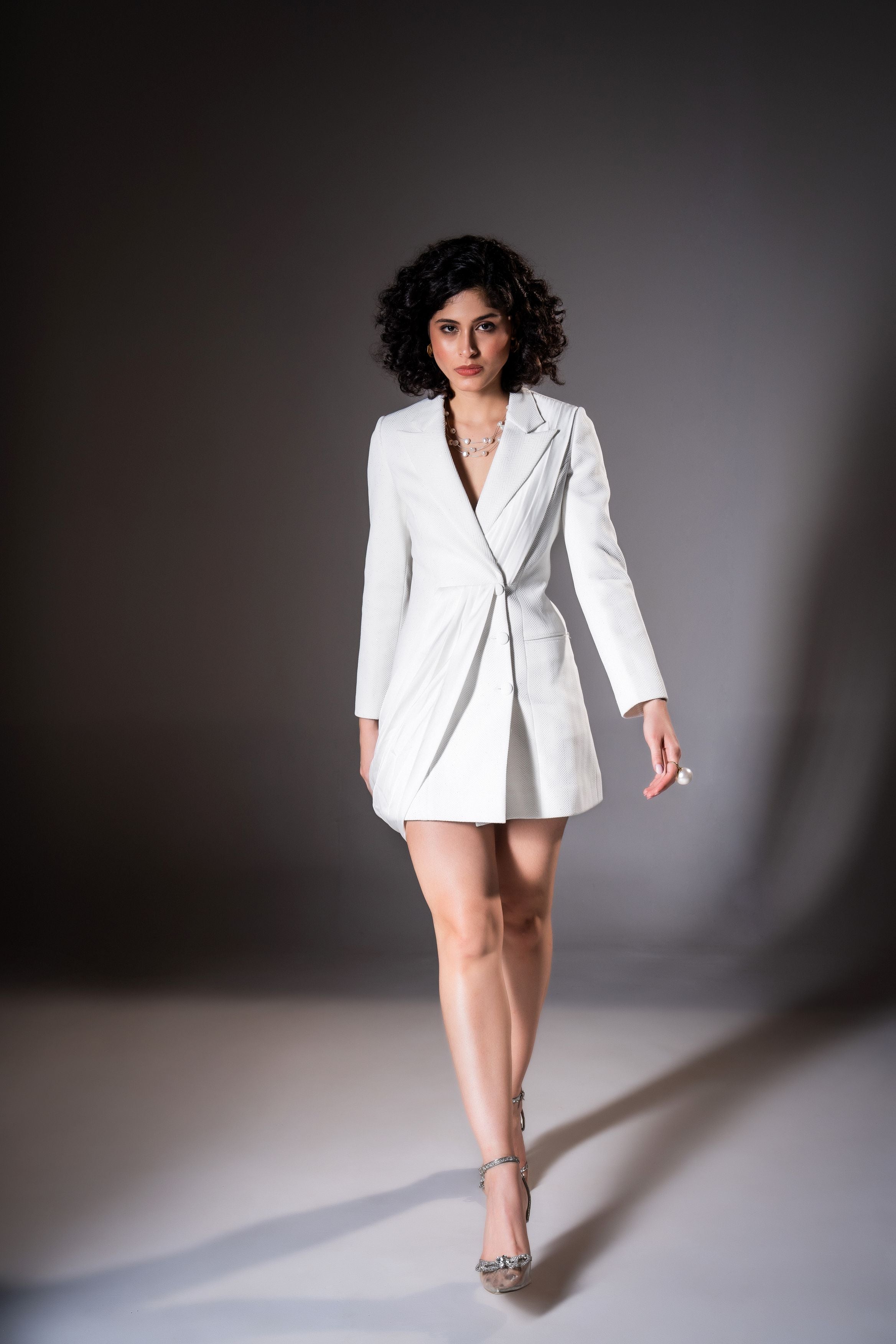 White Shimmer Draped Blazer Dress